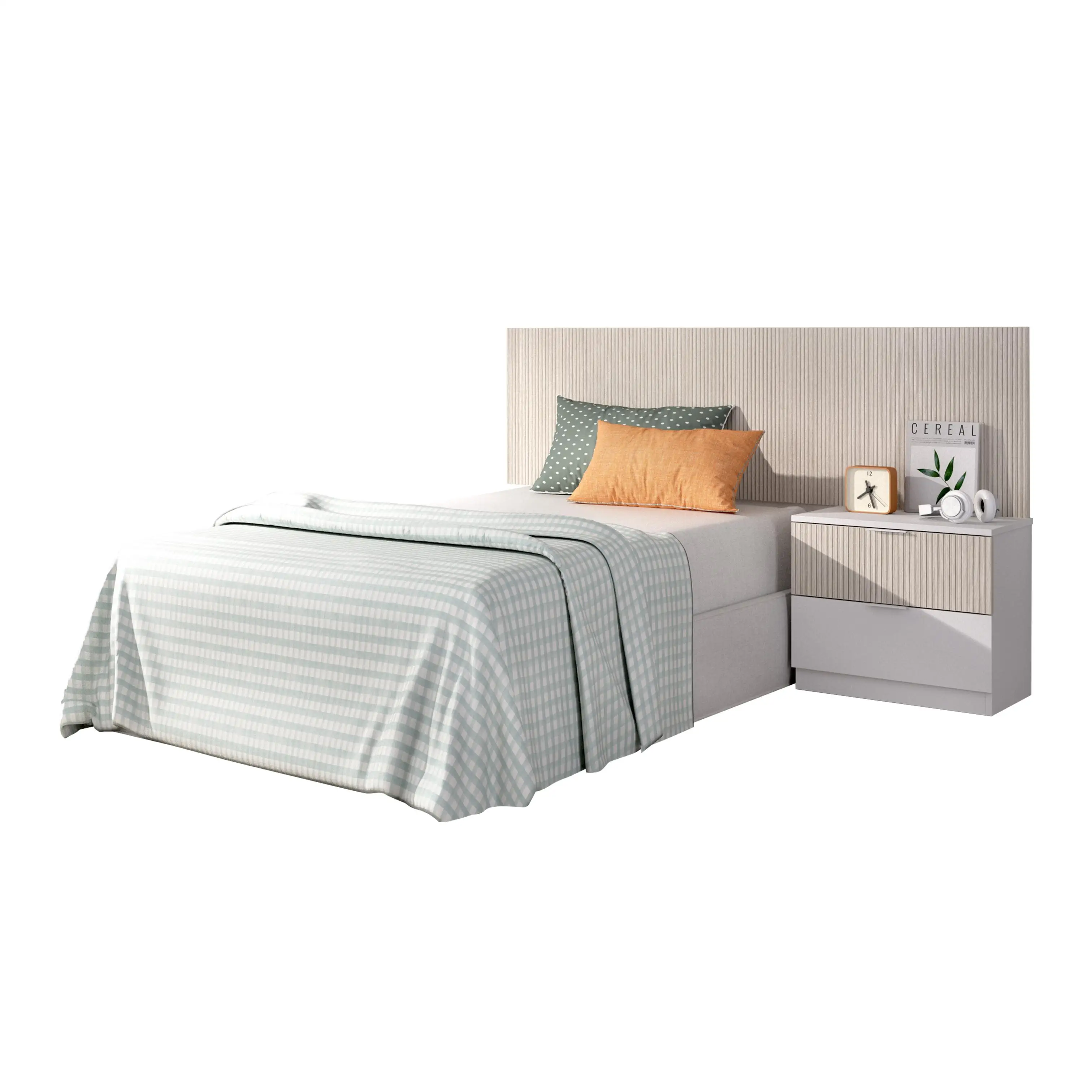 DEKIT GRUPO RIMOBEL LION - CABECERO CON MESITA PARA CAMA INDIVIDUAL - BLANCO / ALISTONADO - 100 x 158 x 34