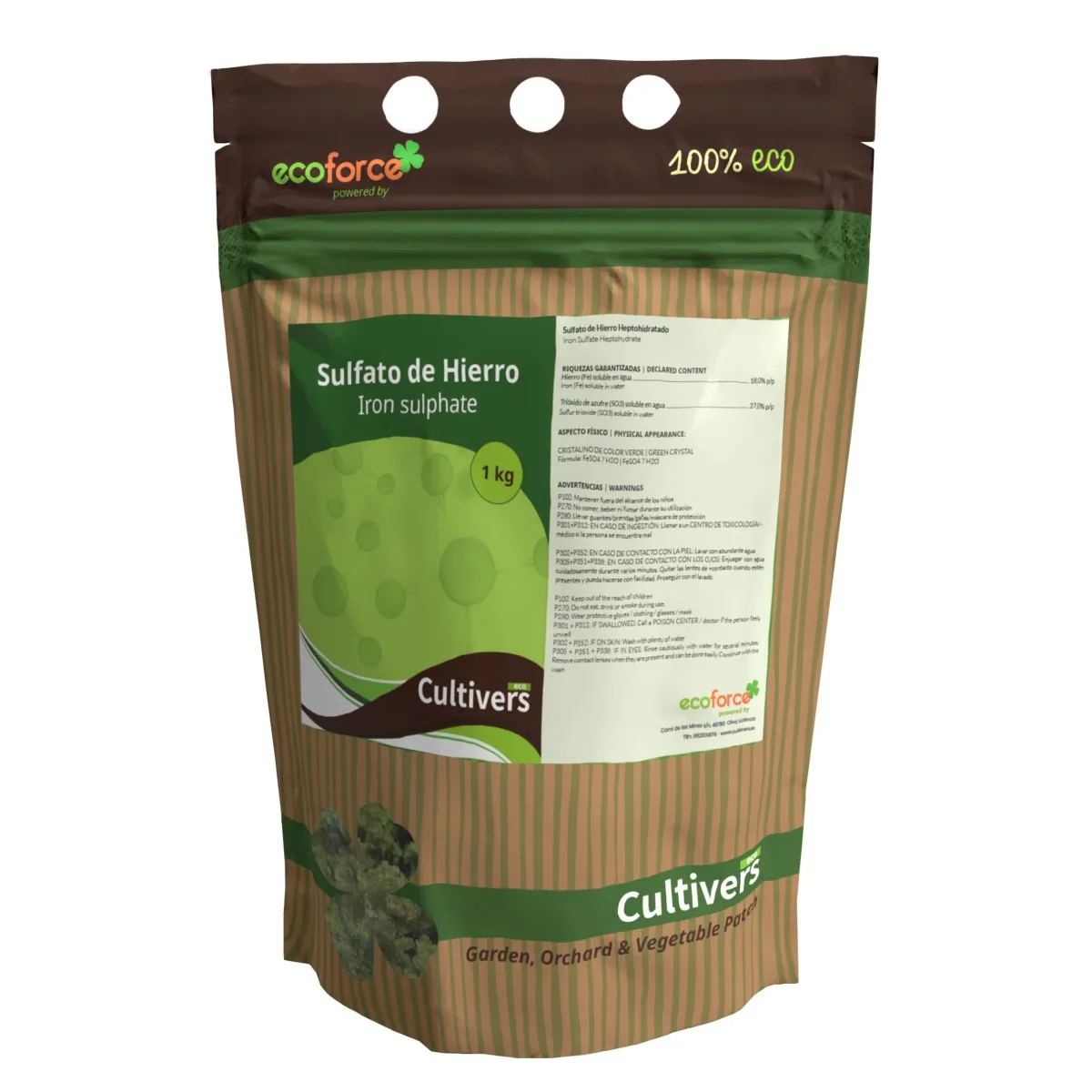 CULTIVERS Sulfato de Hierro Heptahidratado 1 kg múltiples uso Hogar y Jardín. Abono Natural para Plantas aporte de Hierro