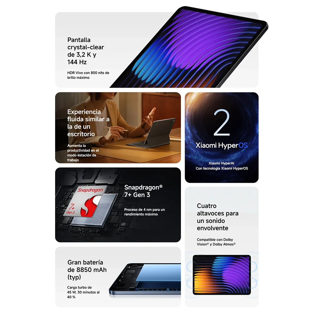 Xiaomi pad 7 global version tablet, 8gb+256gb / 12gb+256gb, snapdragon ®    7+ gen 3, 11.2" crystal-clear 3.2k 144hz display, large 8850 mah battery with 45w turbo charging, dolby vision compatible ®   And dolby atmos ® , xiaomi hyperai, xiaomi hyperos 2