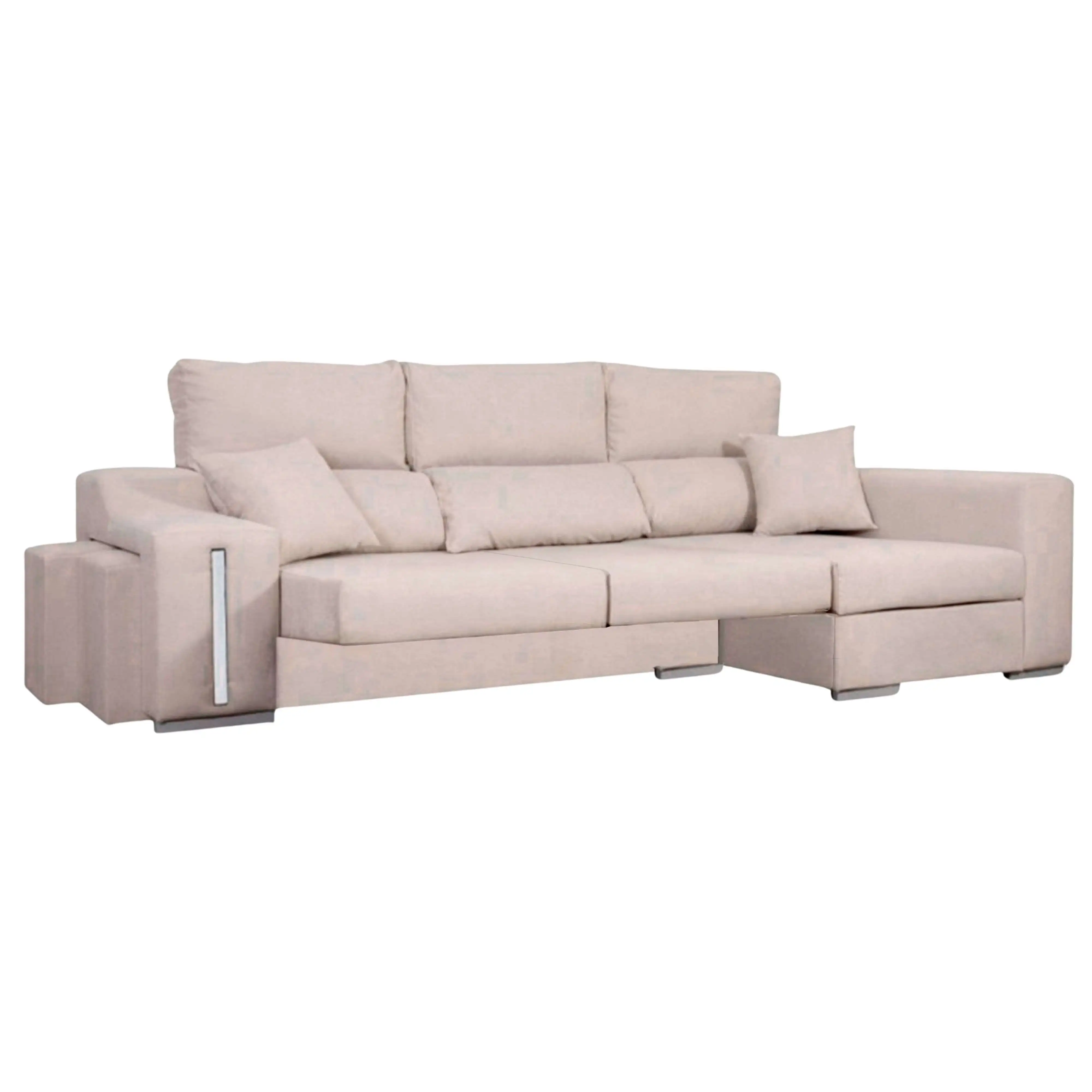 Miroytengo Sofá Chaise Longue Oscar 3 Plazas, Arcón, 2 Puffs, Asientos Extensibles Beige