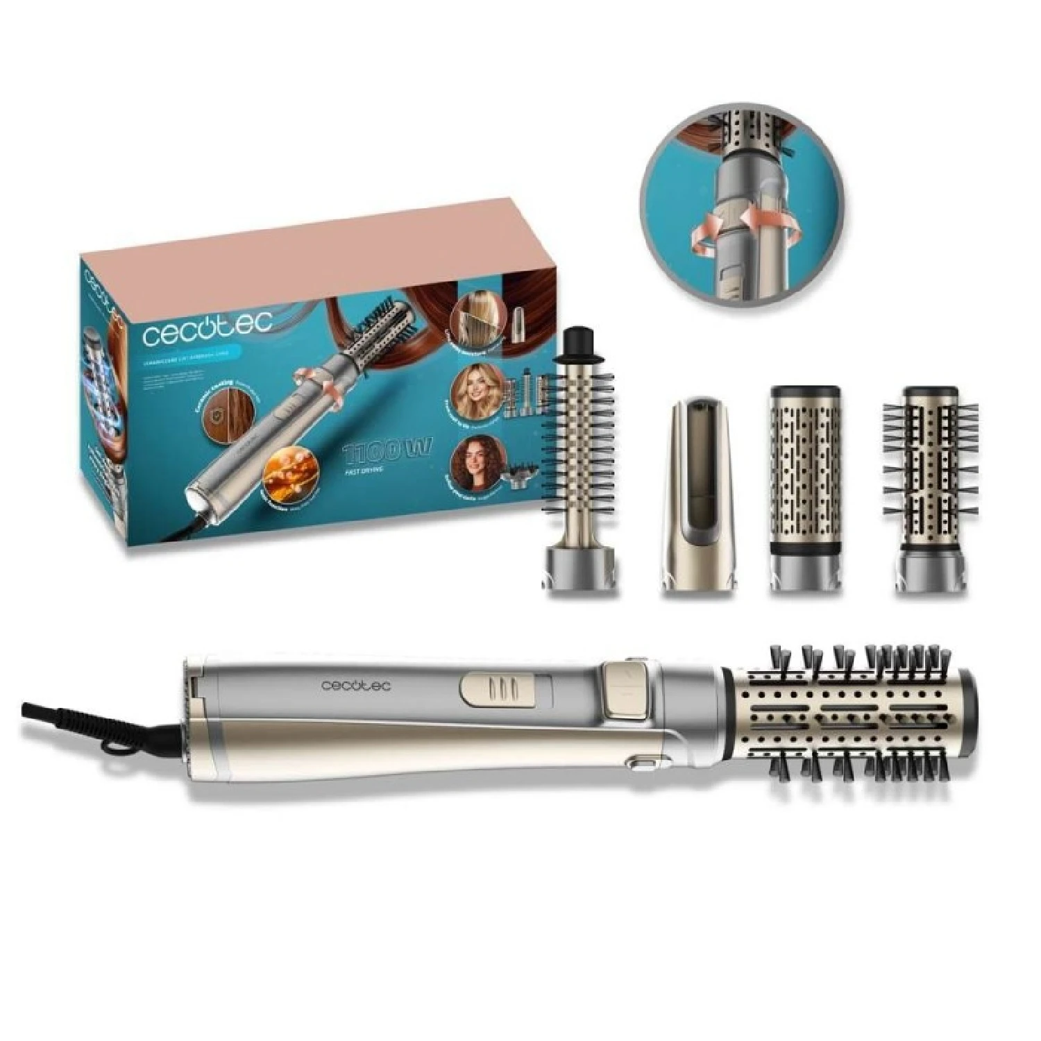 Cecotec Cepillo de Aire Rotativo CeramicCare 5in1 AirBrush Gyro Elite. 1100W, Función Iónica, 5 Cabezales