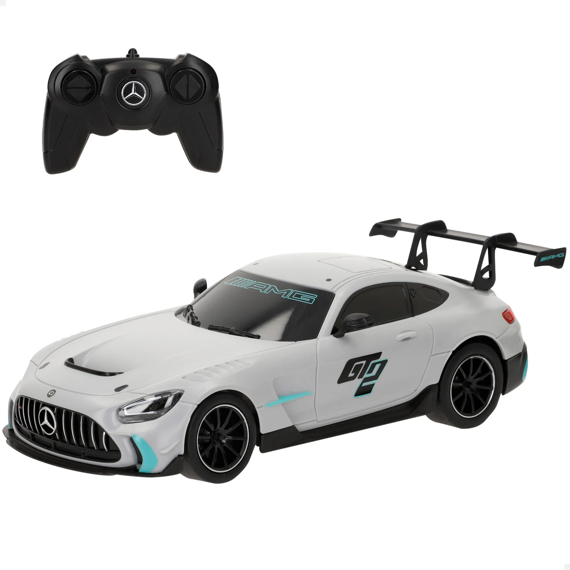 RASTAR Coche teledirigido Mercedes AMG GT2 a escala 1:24, réplica oficial, mando RC 2.4 GHz, diseño de colección, acabados fieles, puertas abatibles, ideal para coleccionistas, fans del automovilismo,