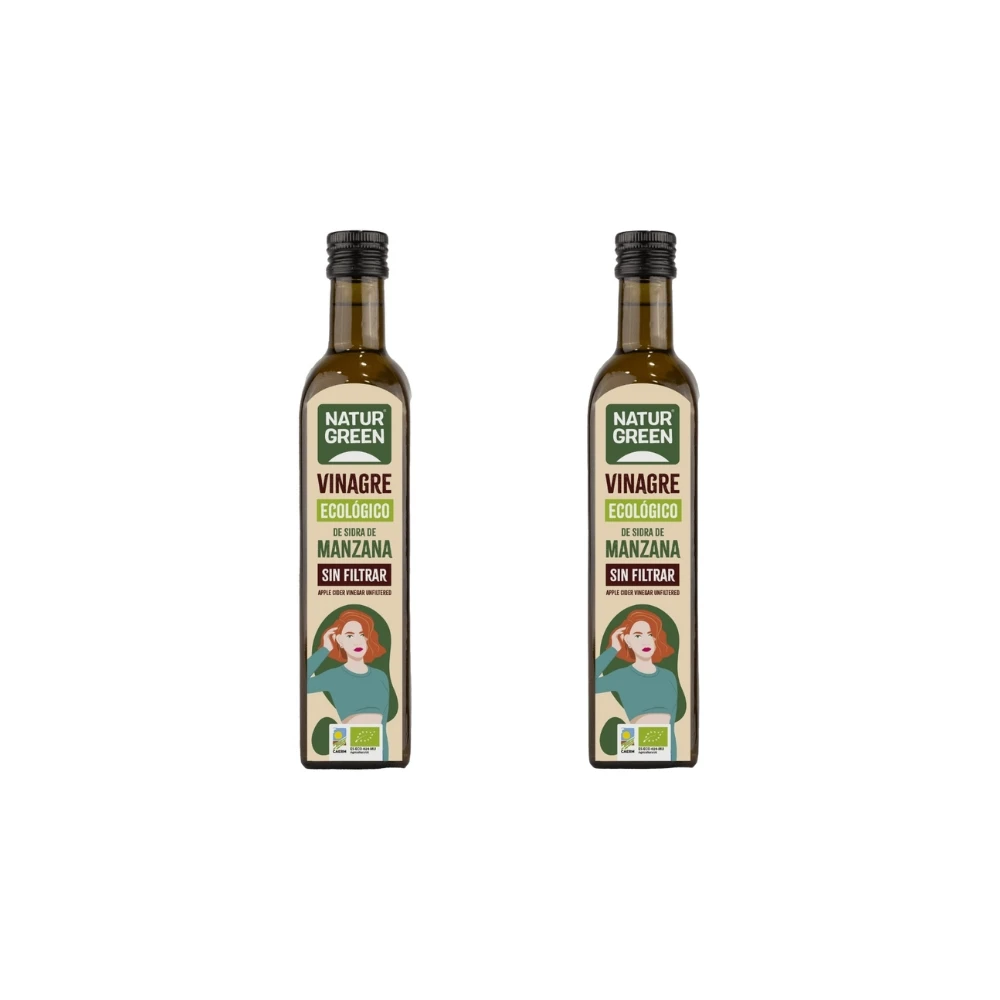 Vinagre de Sidra de Manzana Bio Pack de 2x 500ml Sin filtrar y con madre Ecológico y no pasteurizado NATURGREEN