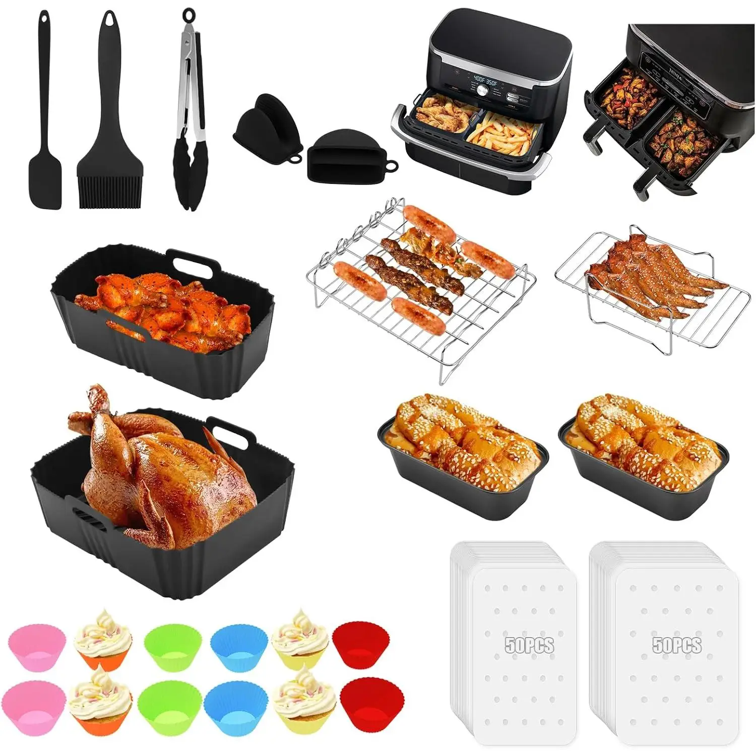 Set de 123 Accesorios para Freidora de Aire Doble Zona – Compatible con Cecotec, Tefal, Tower, Salter y más | Moldes de Silicona, Rejillas de Acero Inoxidable, Pinzas, Guantes, Moldes para Cupcakes,