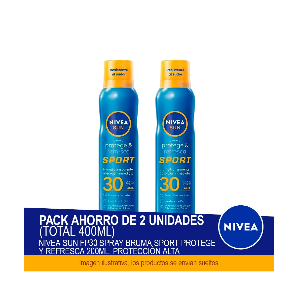 NIVEA SUN FP30 Spray Bruma Sport Protege y Refresca 200 ml. Protección alta - Pack ahorro de 2 unidades (total 400ml)