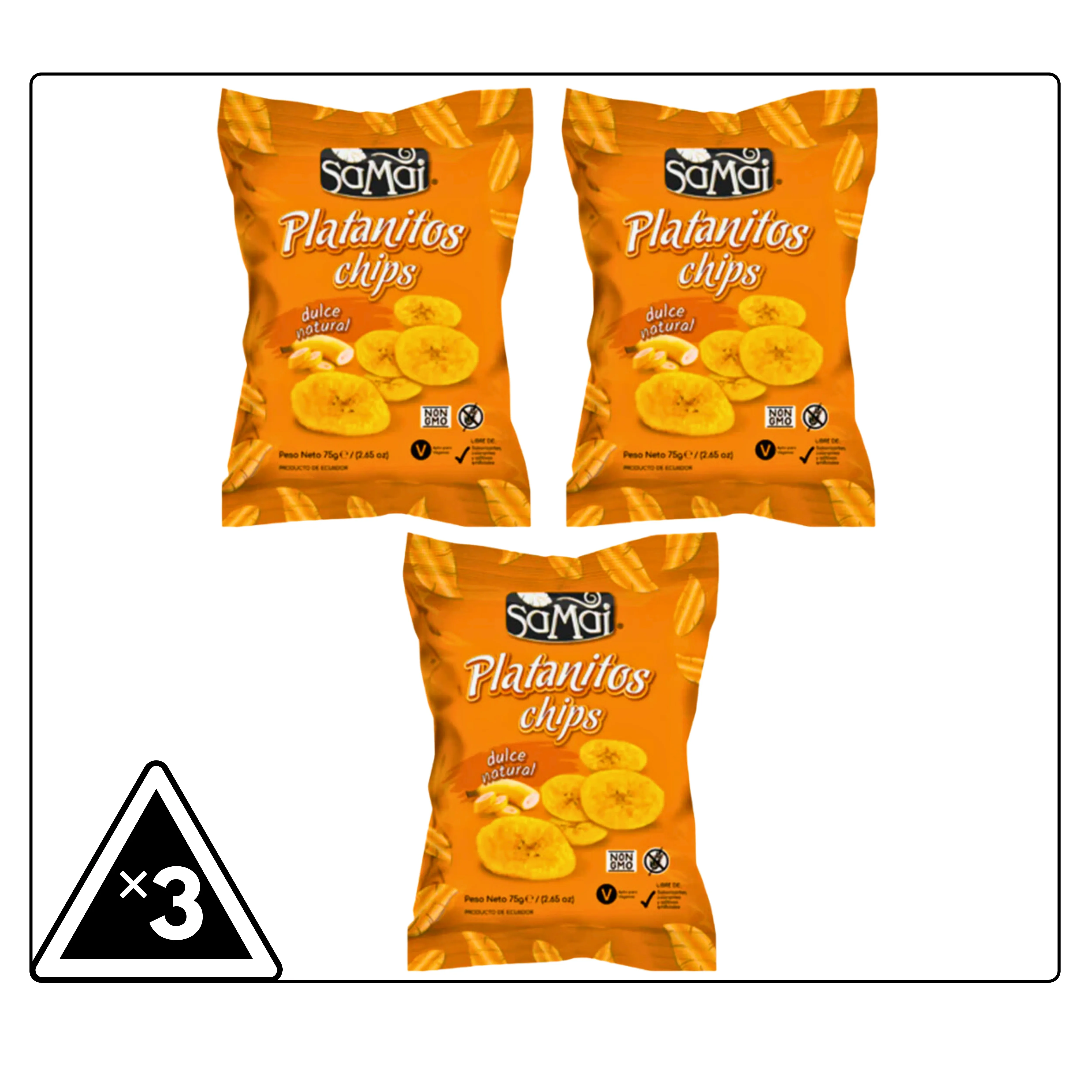 3 PACKAGE SAMAI PALATANITE CHIPS SWEET NATURAL FINE AND CRUJIENT TEXTURE WITHOUT GLUTEN 75G.ECUADOR