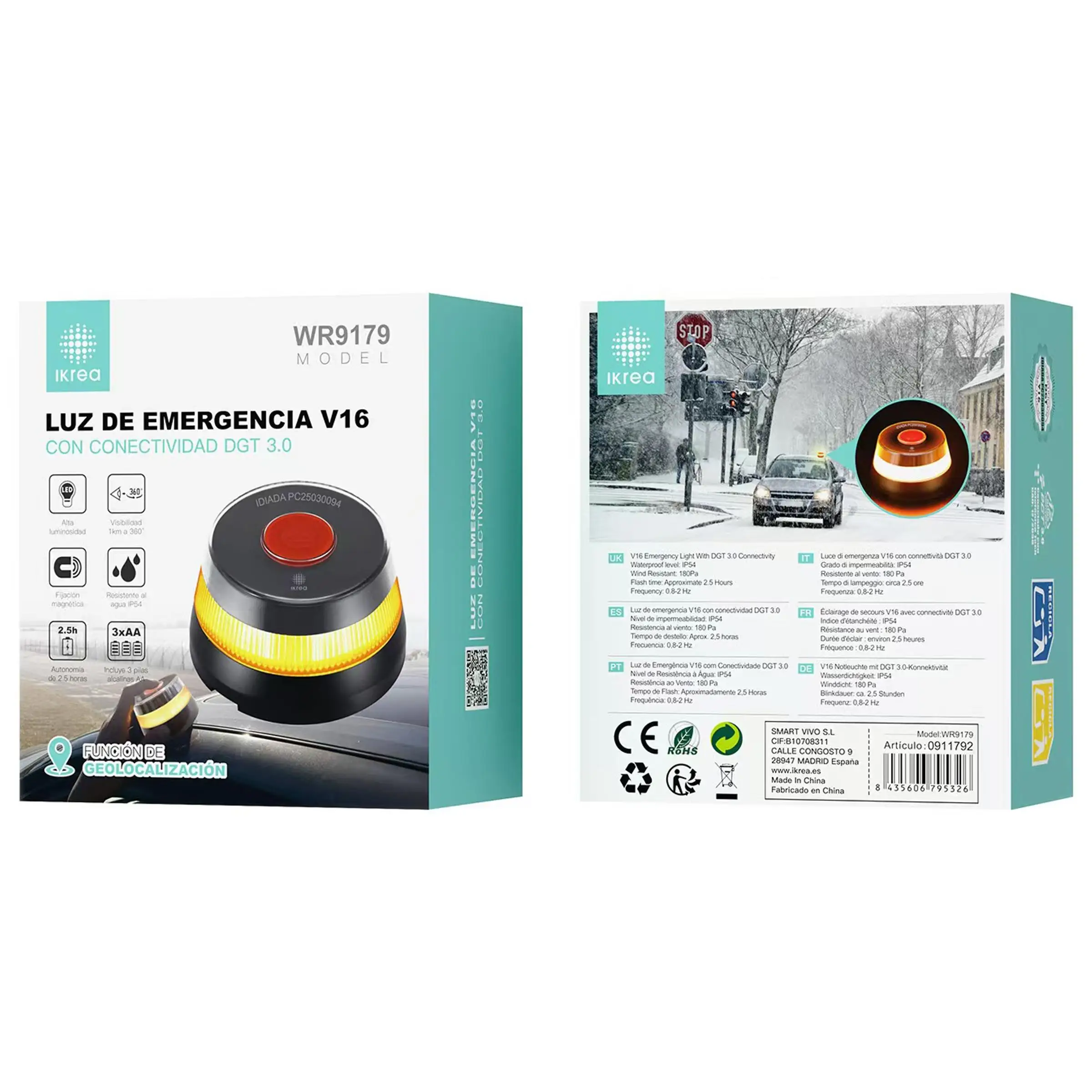 Luz de Emergencia V16  con Conectividad DGT 3.0 – Aprobada por DGT, Con Geolocalización y Alta Visibilidad LED – Modelo WR9179