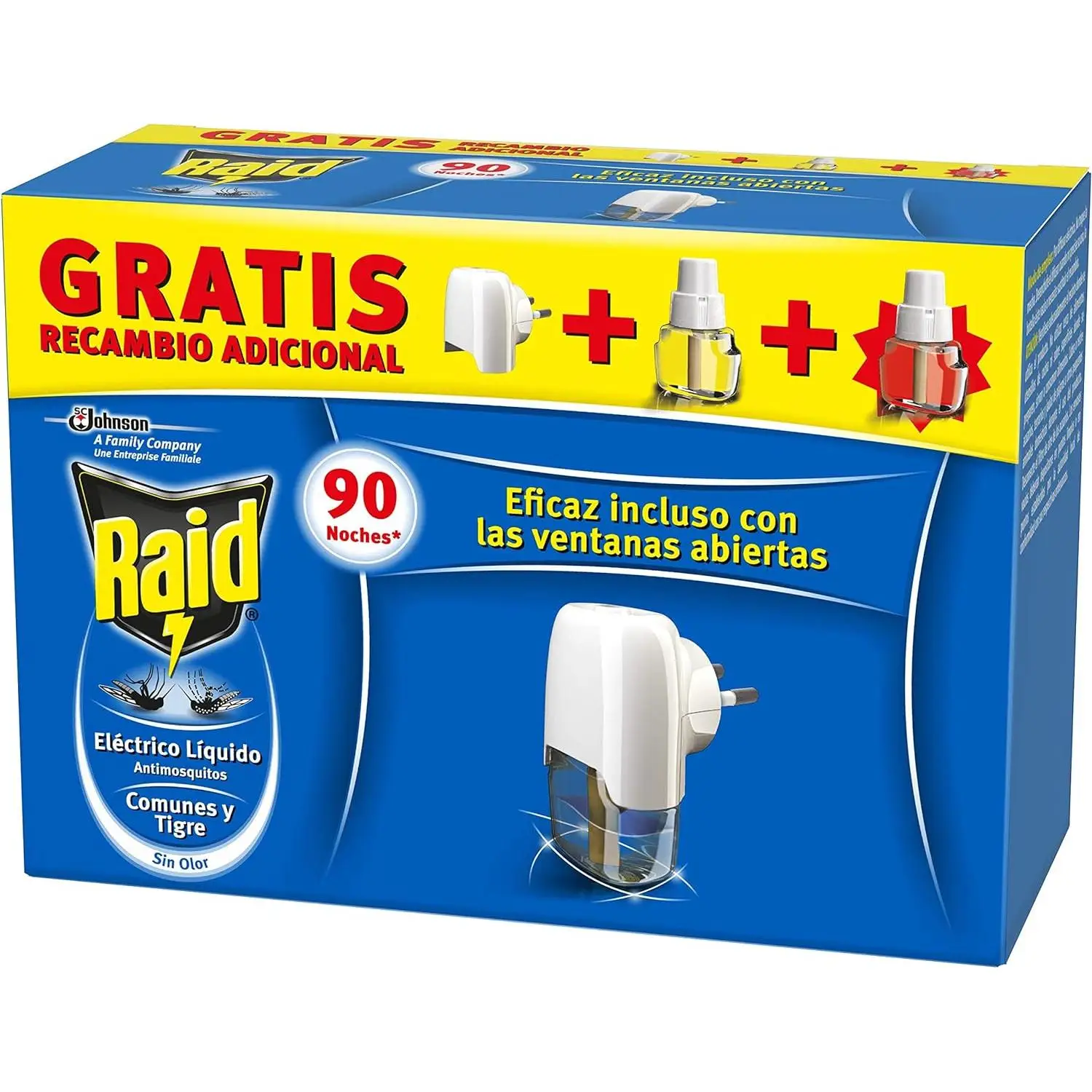 RAID insecticida volador eléctrico líquido antimosquitos comunes y tigre sin olor 1 difusor + recambio 1 unidad + 1 recambio gratis