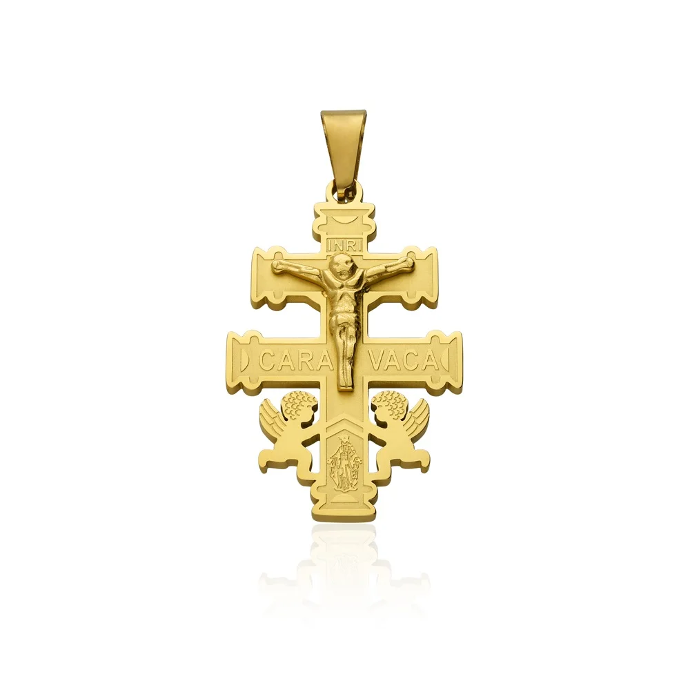 AVANCY Cruz de Caravaca Protección en Acero 316 L Inoxidable Oro 18 Klt