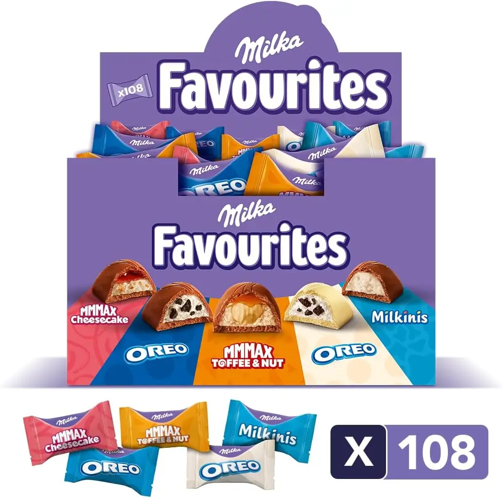 Milka Favourites assortment of individual chocolates-Milka Moments - Mix of 5 flavors: cheescke, Oreo, Orea White, Toffee Walnut and Milkinis-box of Mini chocolates 1kg 108 pieces