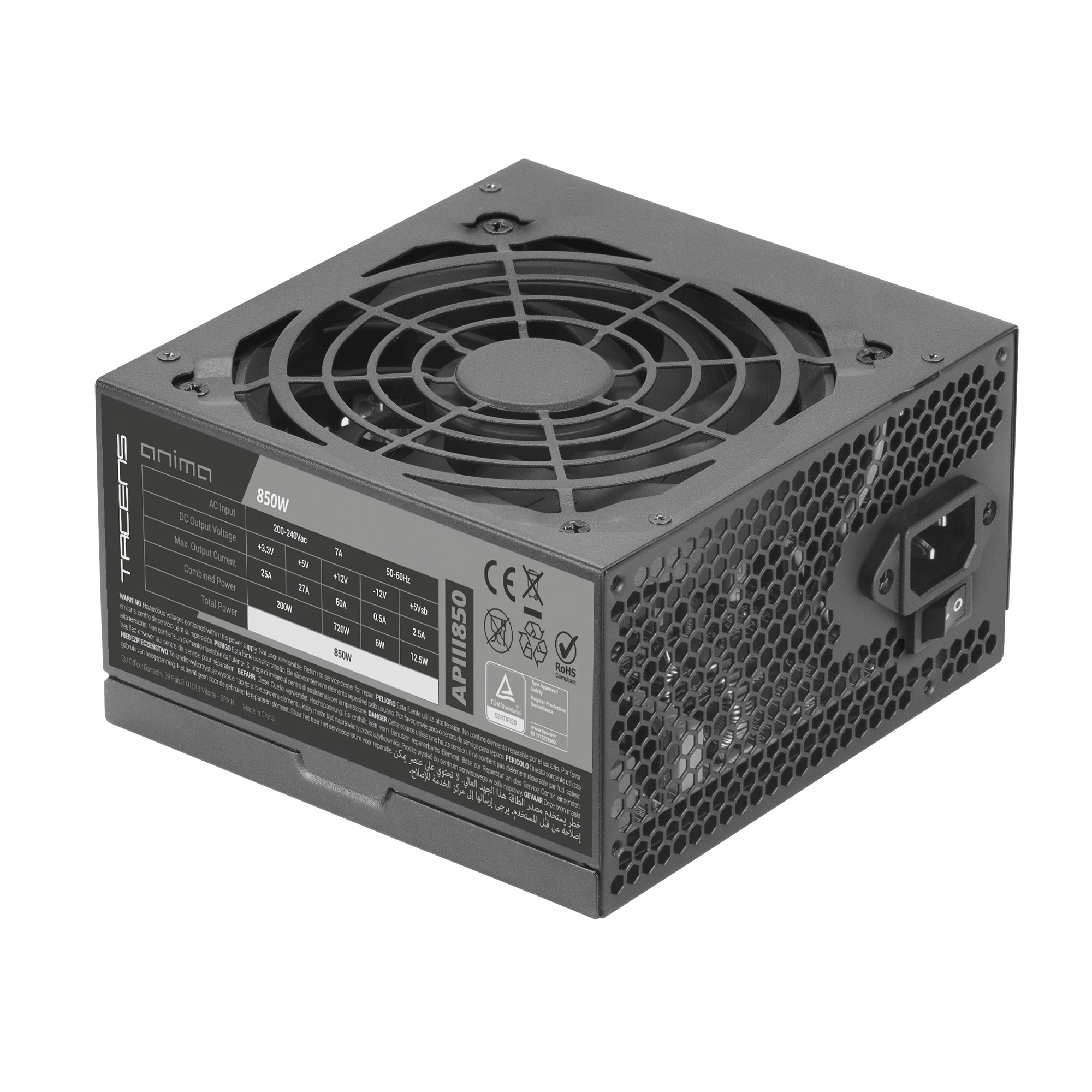 Tacens Anima APIII850, Fuente de Alimentación PC ATX 850W, Tecnologías SMD y DC-DC, 85% Eficiencia 12V, Ventilador Ultra-silencioso 12cm, Cables Planos Extralargos, Fuente de Ordenador Negra