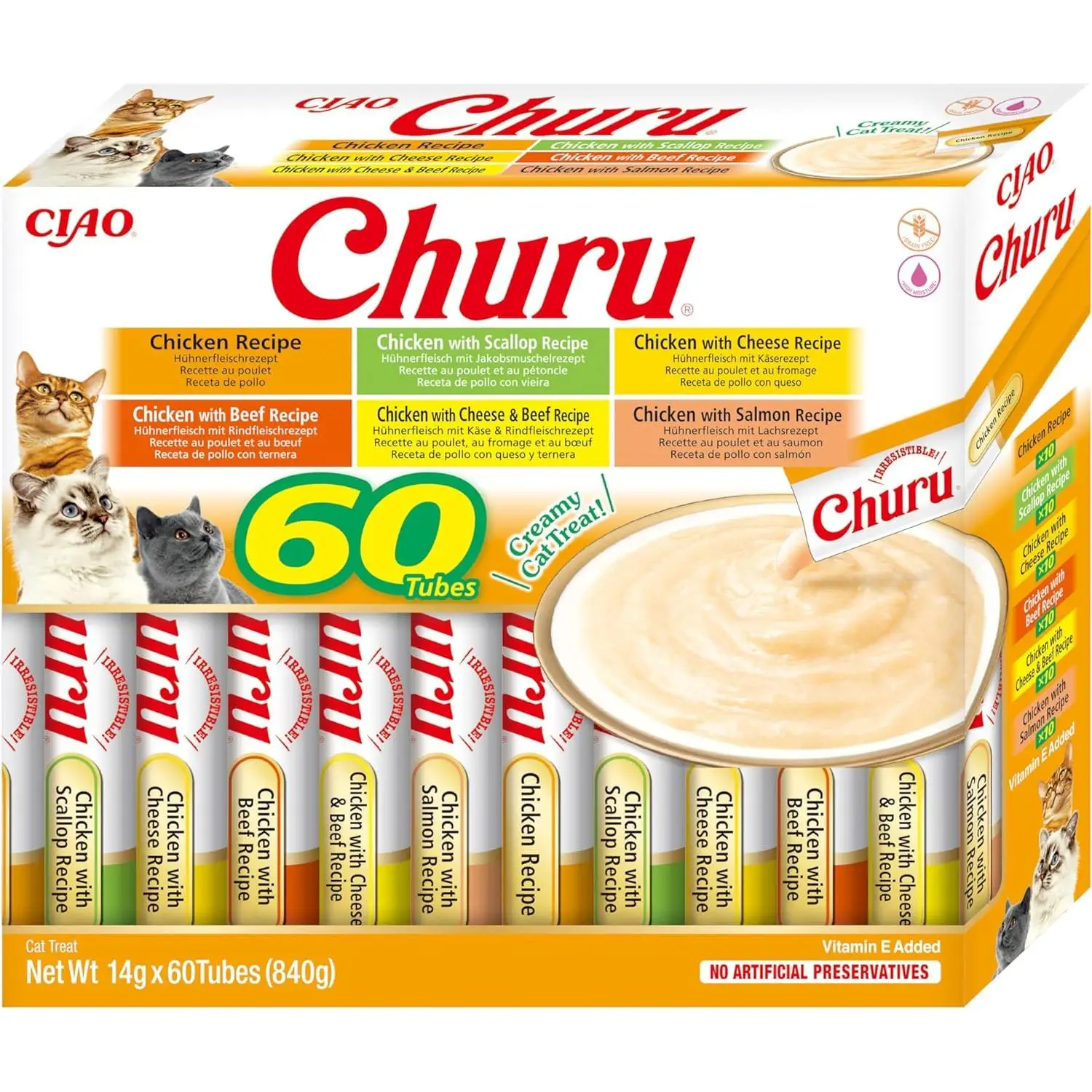 CHURU – INABA,  60 UNIDADES MIX Variedades de Snacks Sludables Base De POLLO, Premio para Gatos, Premio Delicoso, Snack Liquido