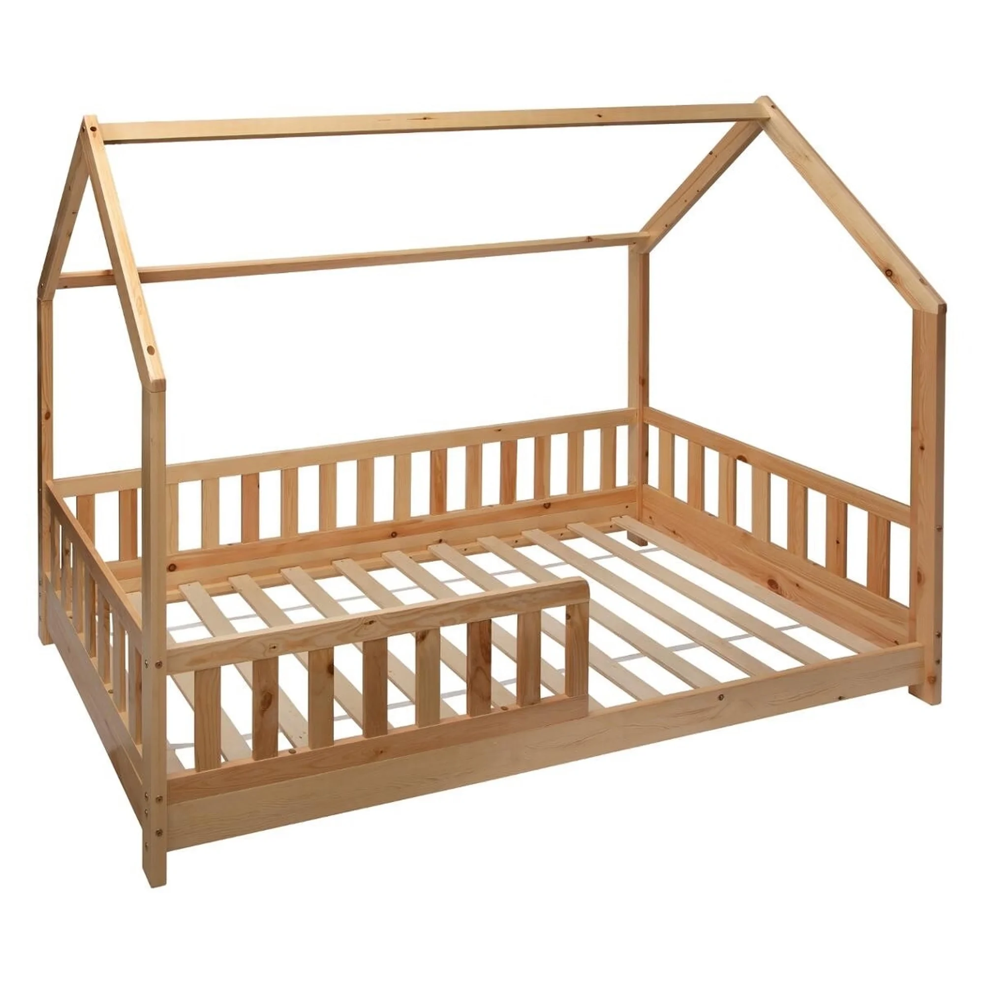 Atmosphera - Cama infantil Bosco 90x190 cm en forma de casita de juegos, estructura de madera de pino natural, ideal para dormitorio infantil, segura con barras de protección y acceso cómodo