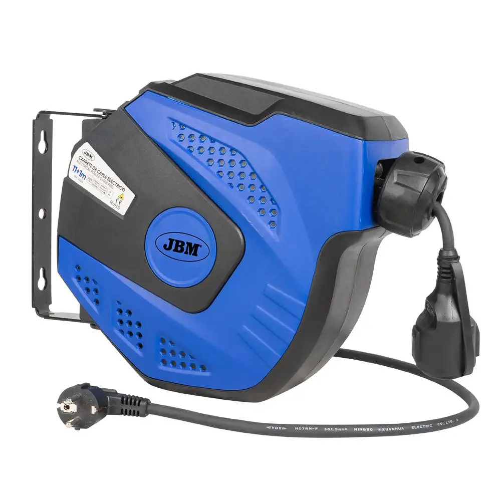 JBM 53526 12M electric cable reel-blue. With delivery man. Cable blocker. With overload protection differential. Long cable: 11 + 1m. Voltage: 230V.