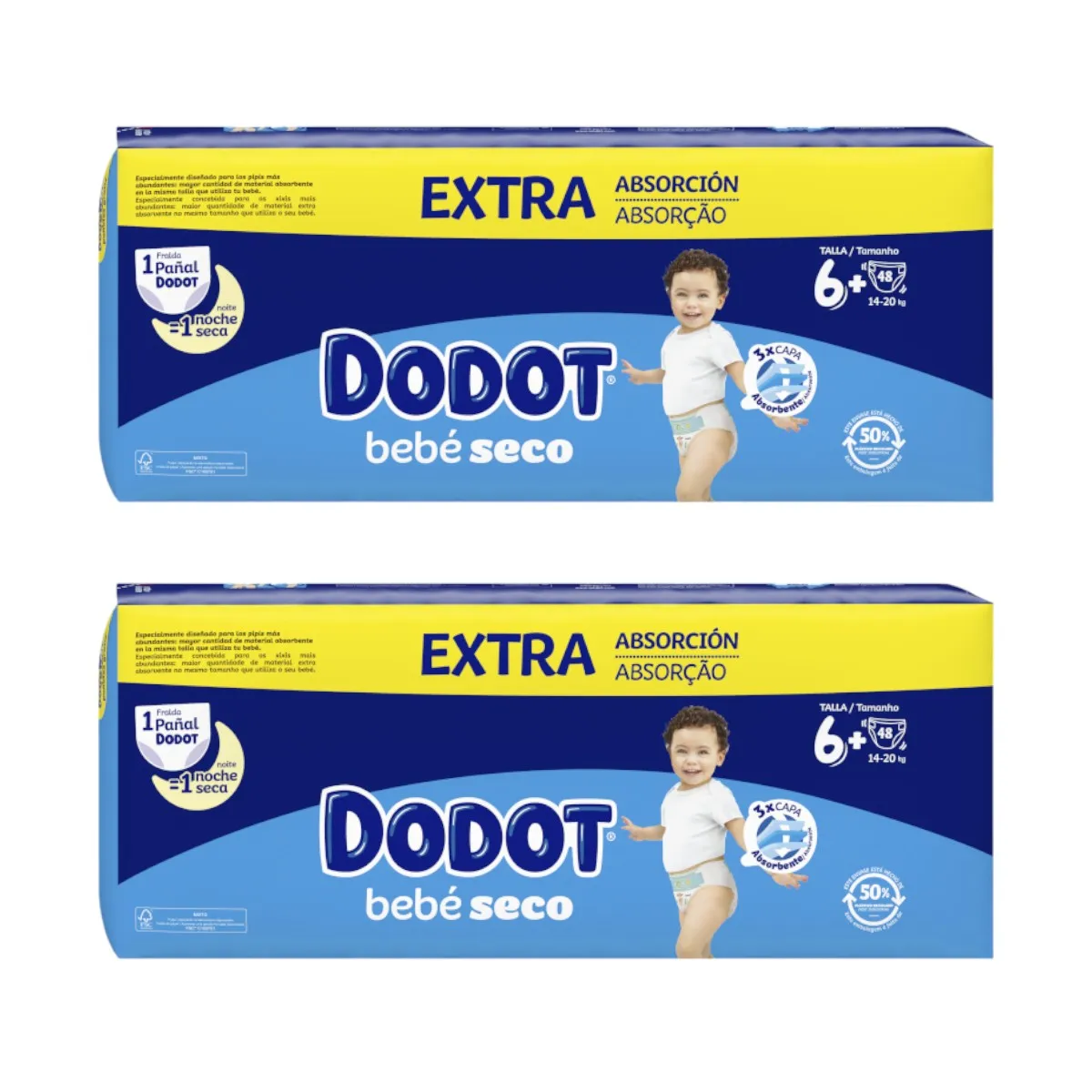 DODOT Pack of 2 Bags of 48 Soft Diapers Anti-Leak and Comfortable Fit Up to 12 Hours Protection Extra Dry Baby Jumbo Size 6 + (96 Diapers in total)