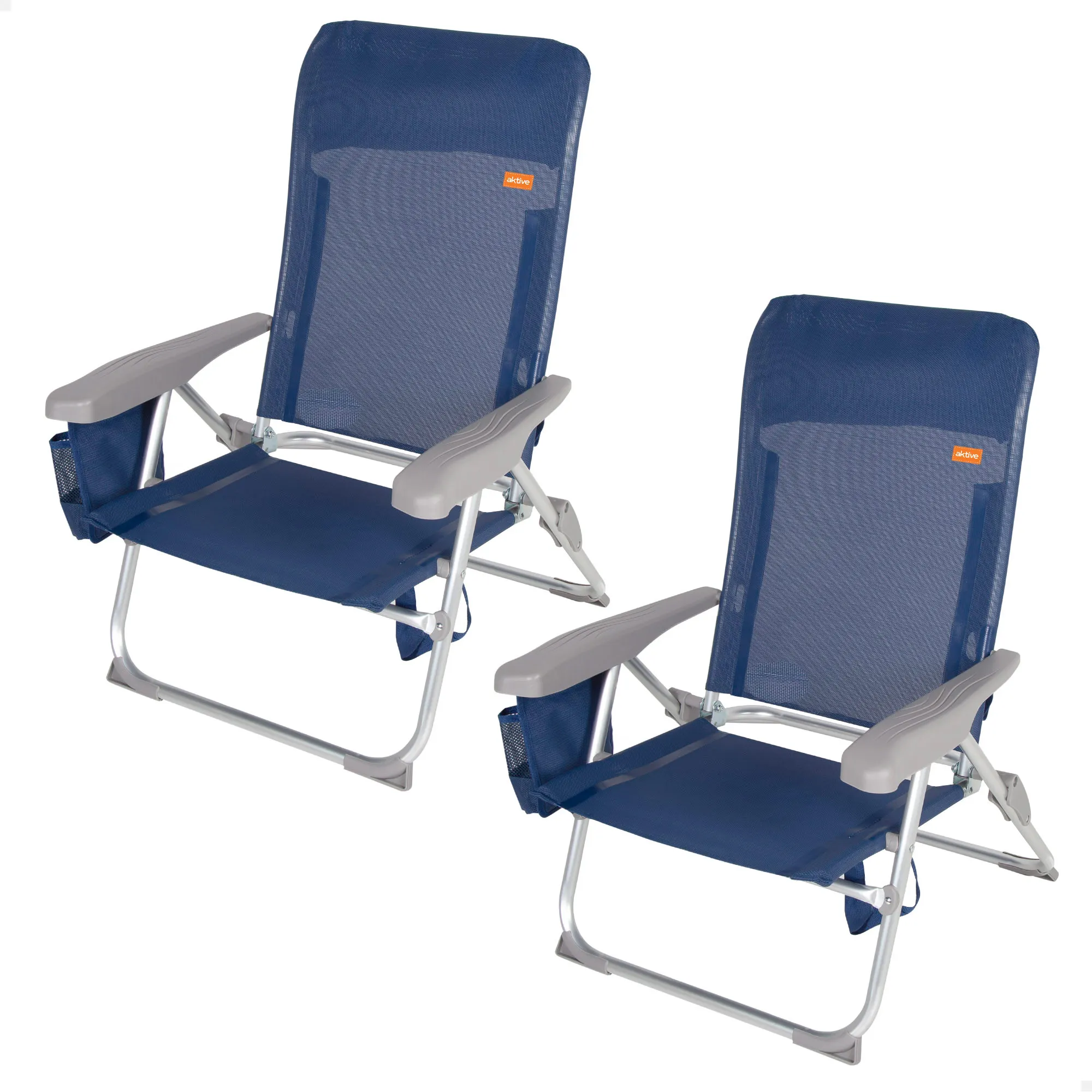 Aktive - Pack 2 sillas de playa plegado extraplano, muy compactas, multiposición, con cojín y bolsillo, con asas de mano para fácil transporte, 6 posiciones, medidas 47x58x87 cm, de aluminio,