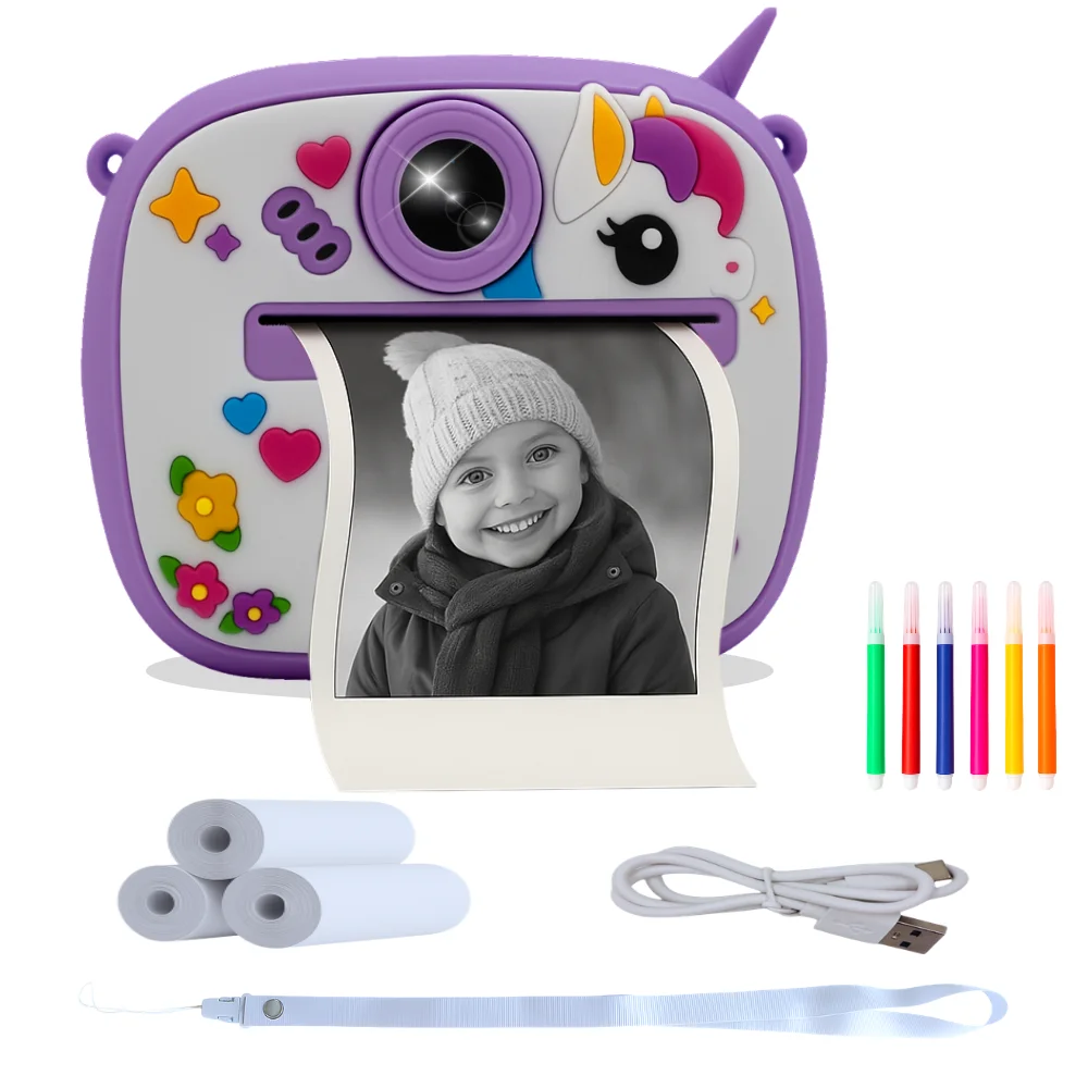 R'S WARE - Cámara instantánea para niños con diseño de unicornio lila, 1080P, selfie, vídeo HD, música MP3 y 4 juegos integrados, incluye 3 rollos papel térmico y 6 rotuladores