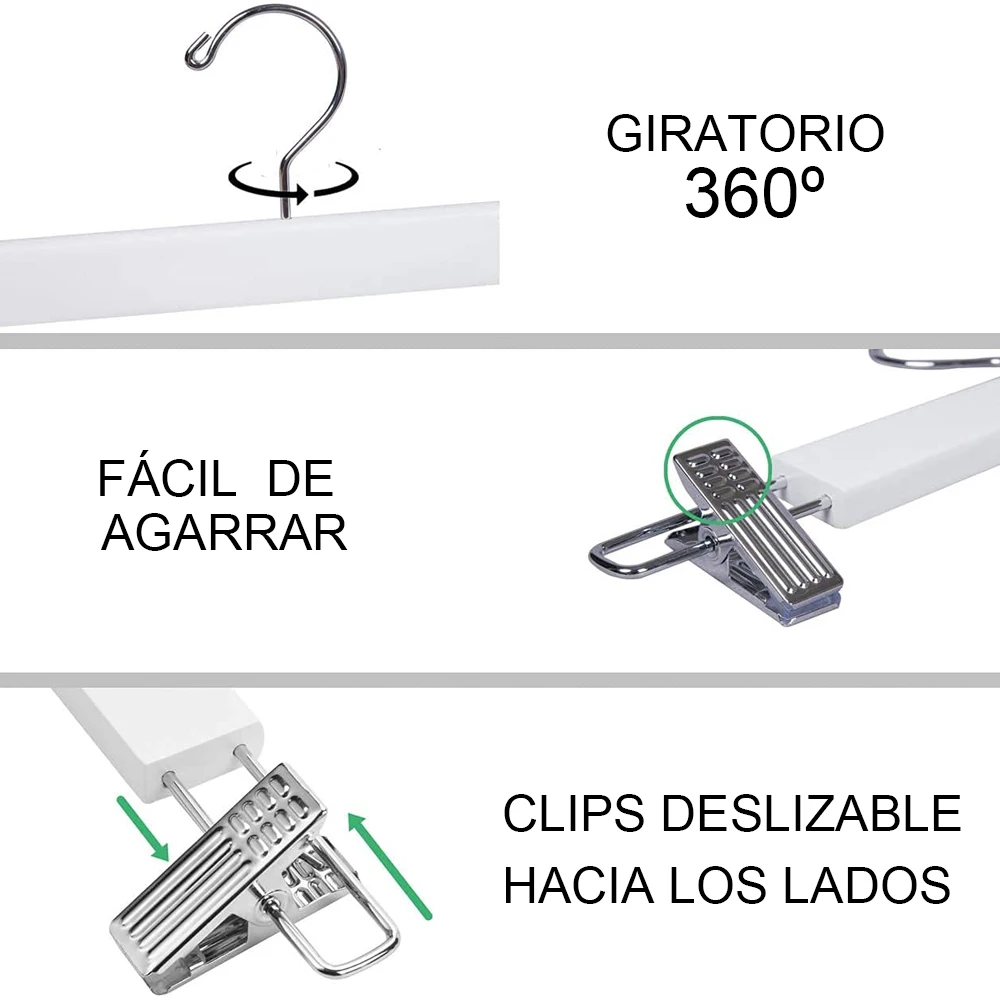 Wooden hanger with adjustable clips in white and natural color, featuring a 360° swivel hook, perfect for organizing pants and skirts in your wardrobe. Ideal for space-saving and easy access to clothes. #3