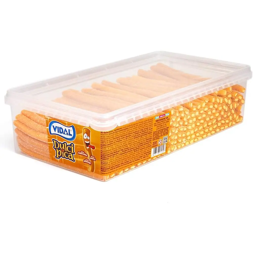 Vidal Golosinas. Dulcipica Melocotón, regaliz relleno color naranja con cobertura pica. Bandeja de 200 unidades
