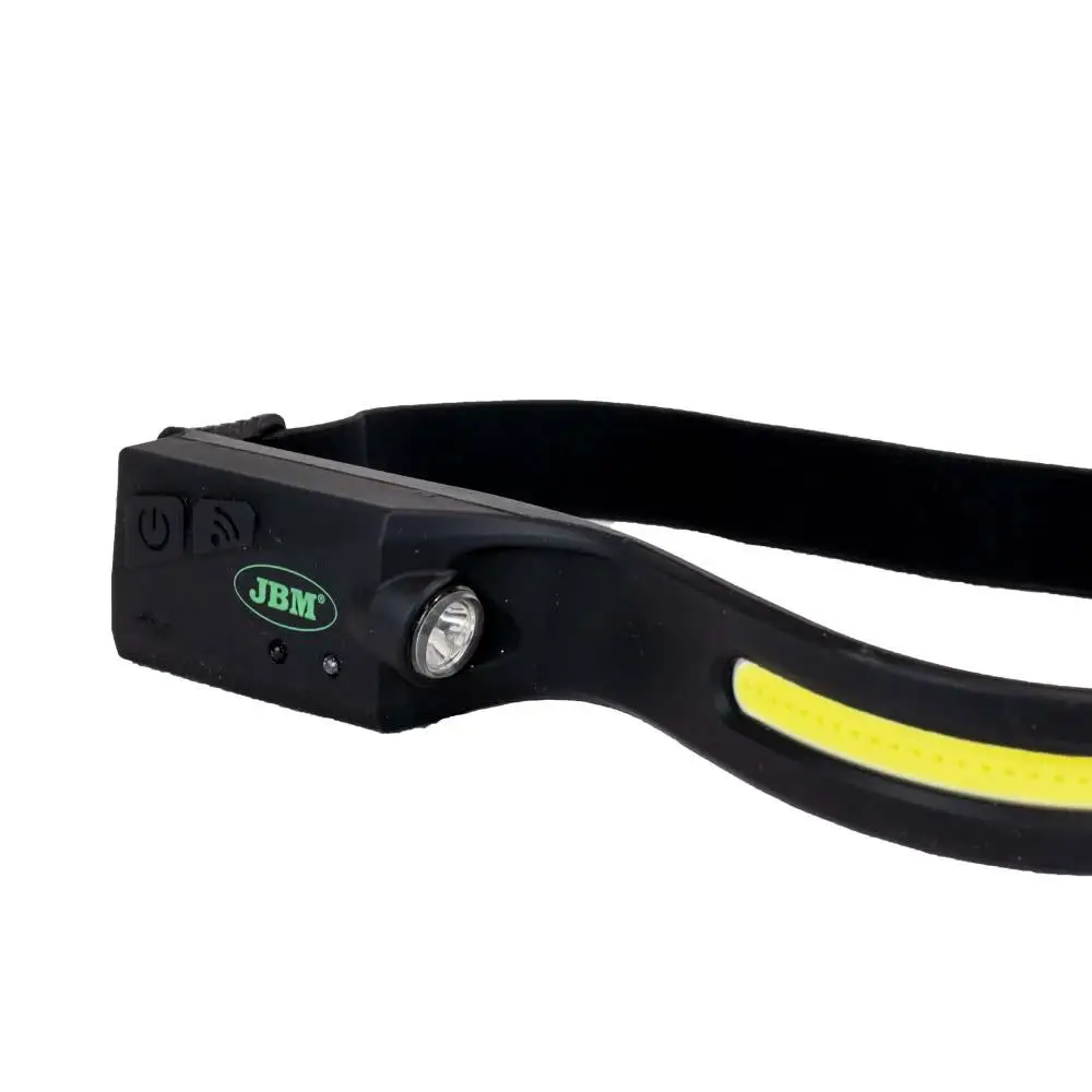 Jbm 54004 portable cob front light. Material: silica gel. Power indicator, induction indicator. Motion sensor activation mode. Usb charging cable included.
