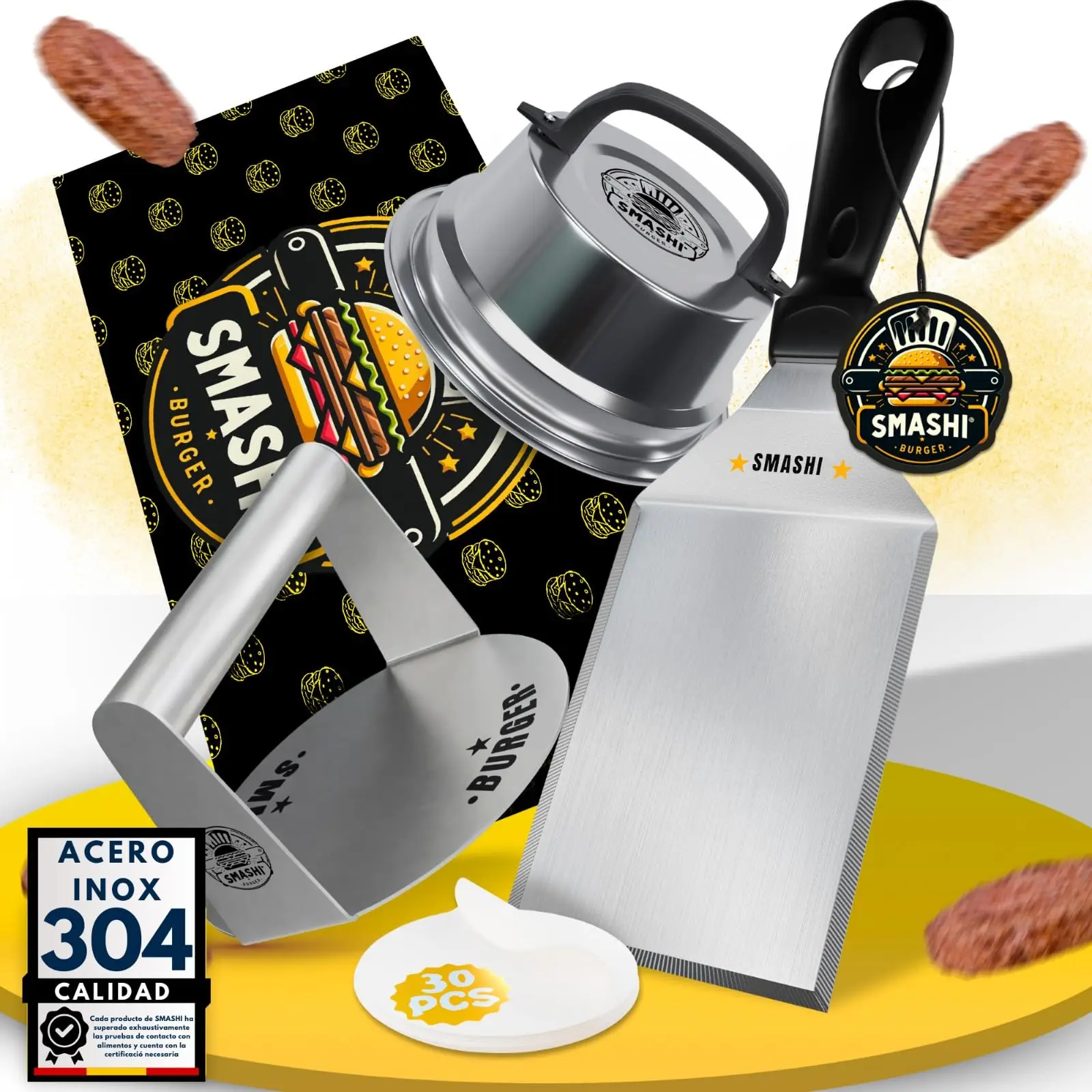 SMASHI®Smash Burger Kit. 4 PCS Professional Stainless Steel 304 with EU certificate contact food Press hamburger Smasher with non-stick treatment the authentic Smash Burger Kit