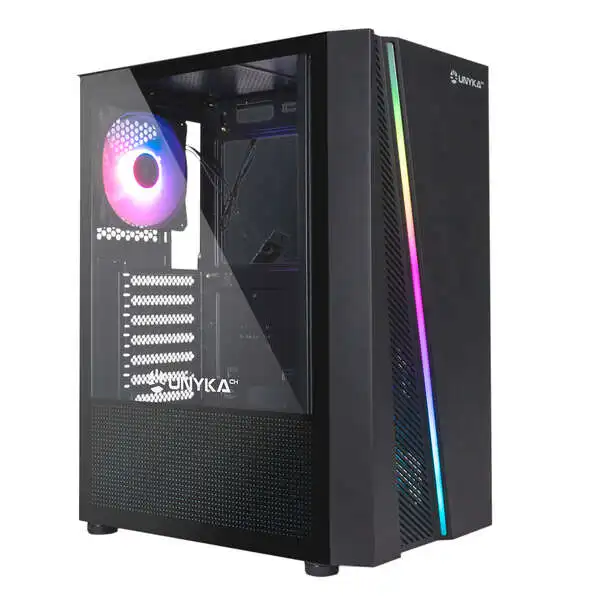 Unykach glayze caja torre atx - iluminacion argb - ventana lateral cristal templado - usb-a 2.0/3.2 y audio - 1 ventilador 120mm rgb instalado