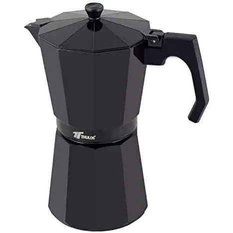 Cafetera Italiana Clásica Thulos Negra de Aluminio – 6, 9 y 12 Tazas – Apta para Todo Tipo de Cocinas