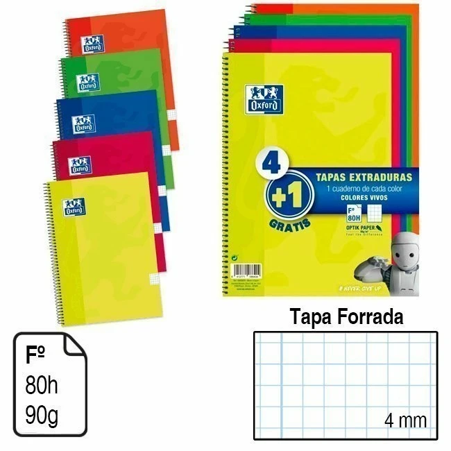 Spiral pad PACK 4 + 1 notebooks with rings OXFORD A4 FOLIO size basic lid and lined extraction 80 H. 90G. Grid 4 MM confidence quality