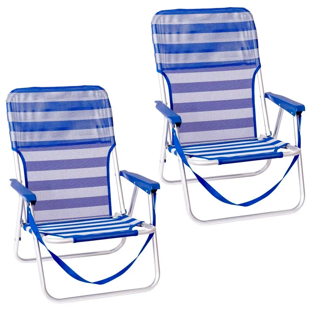Lola Home Pack de 2 sillas de playa fijas plegables con asiento bajo azul y blanco de aluminio y textileno de 54x40x71 cm