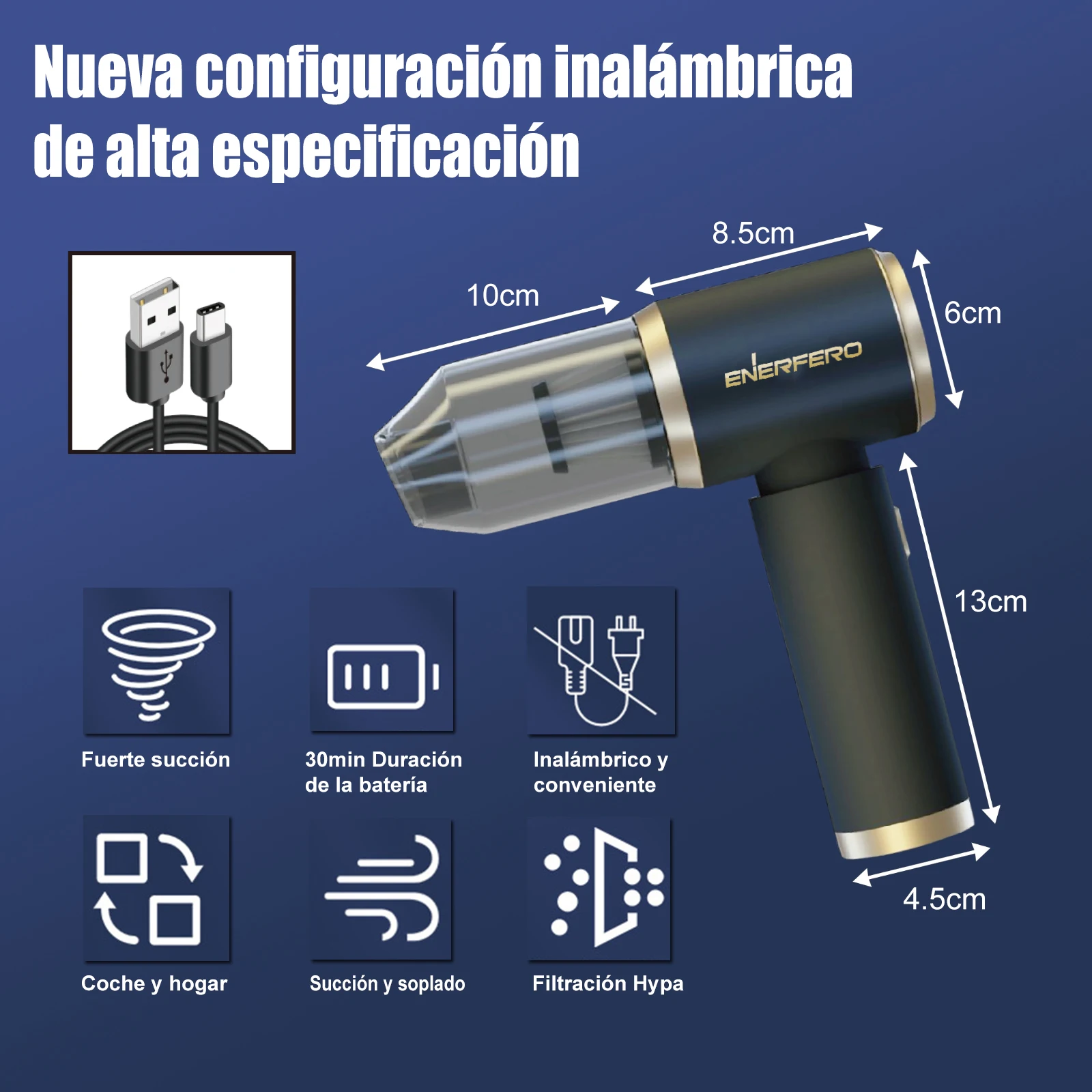 ENERFERO - Cordless Handheld Vacuum for Car, Portable Multifunctional 3-in-1 Vacuum for Car and Home, Strong Suction - handheld vacuum cleaner