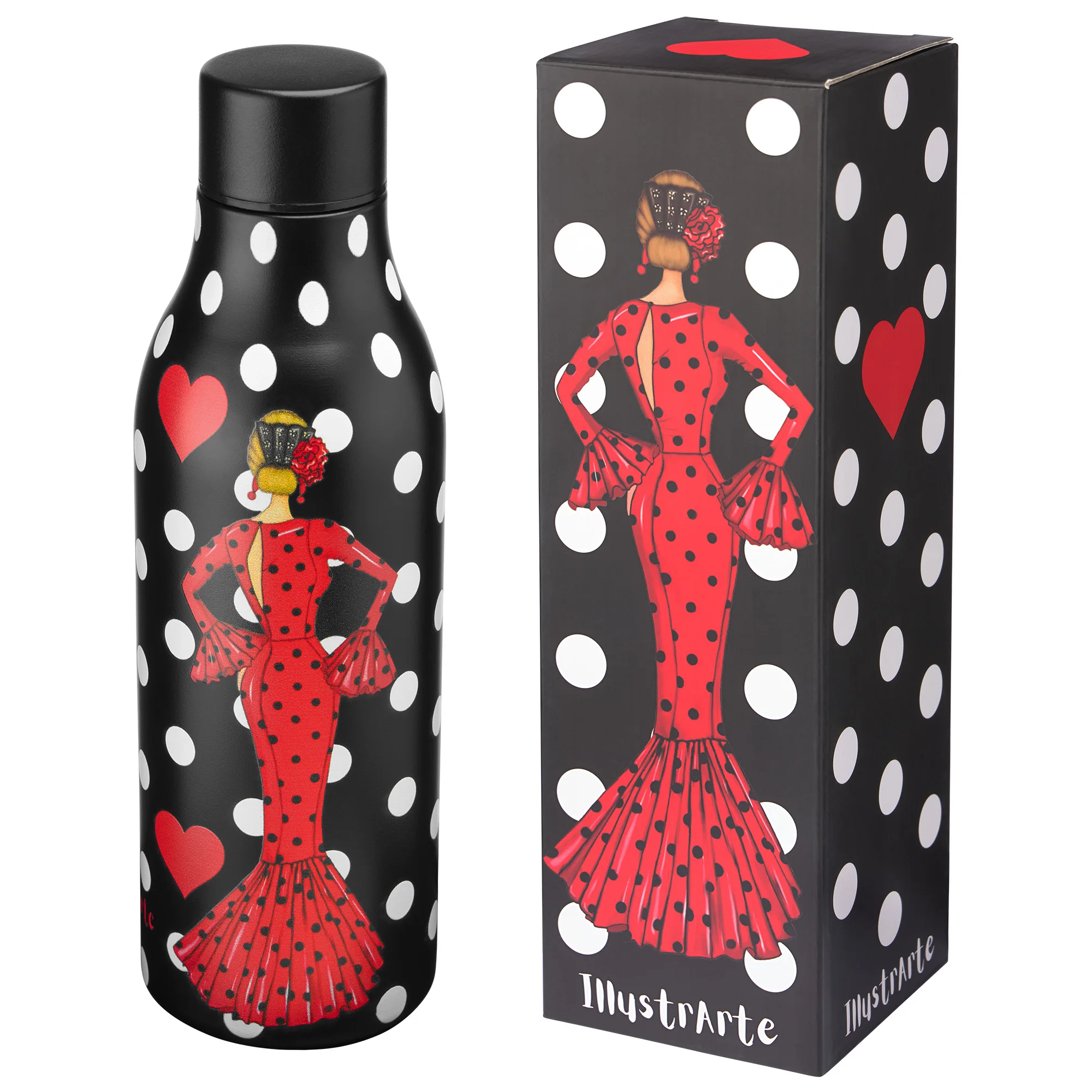 IllustrArte Botella de acero inoxidable 500 ml – modelo María rojo – termo reutilizable – diseño flamenco