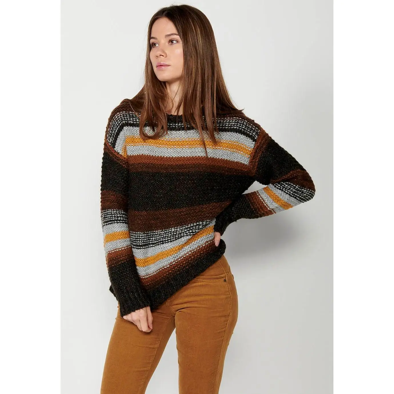 Koroshi women's round neck striped long sleeve pullover