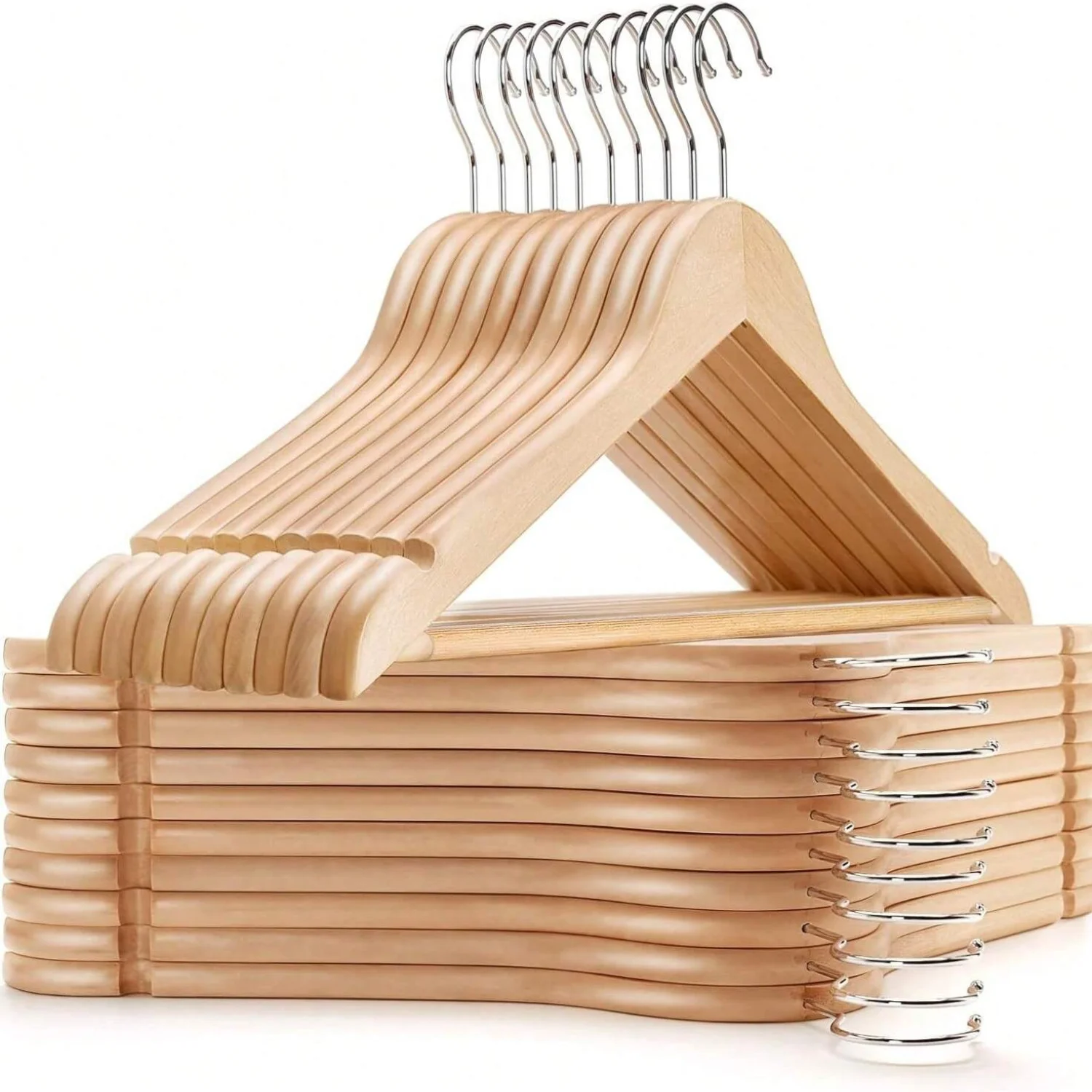 Pack 12/15/18/24/30/36/60/72 Perchas de Madera Premium con Ganchos Giratorios 360°, Antideslizante y Espaciadoras, Universales para Ropa - Duraderas y Elegantes para Armario Organizado