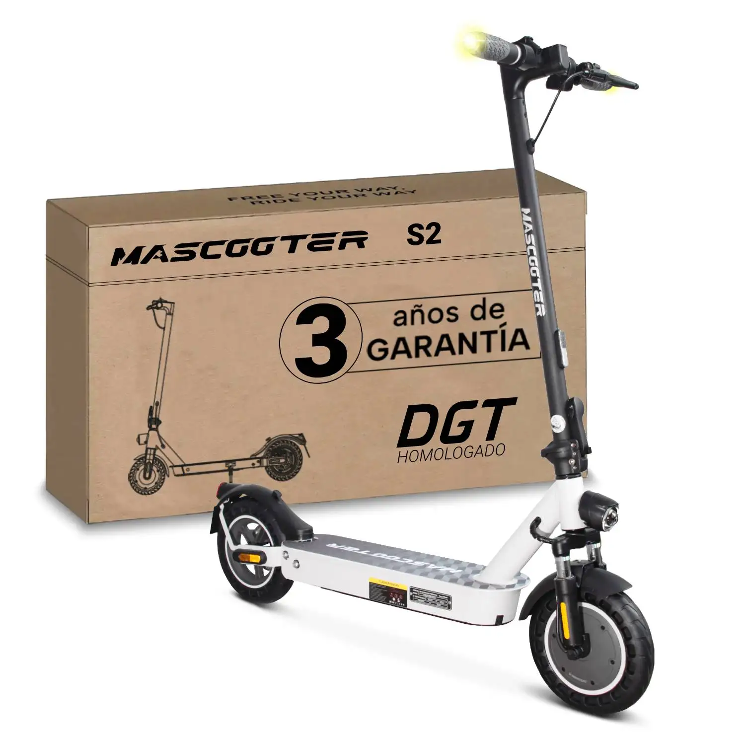MASCOOTER S2 Patinete Eléctrico Adultos Homologado DGT - Intermitentes & Regeneración de Batería al Frenar - 300W-600W MAX, 20km Autonomía - Frenos Eléctricos y de Disco AER - App Móvil - Zwheel