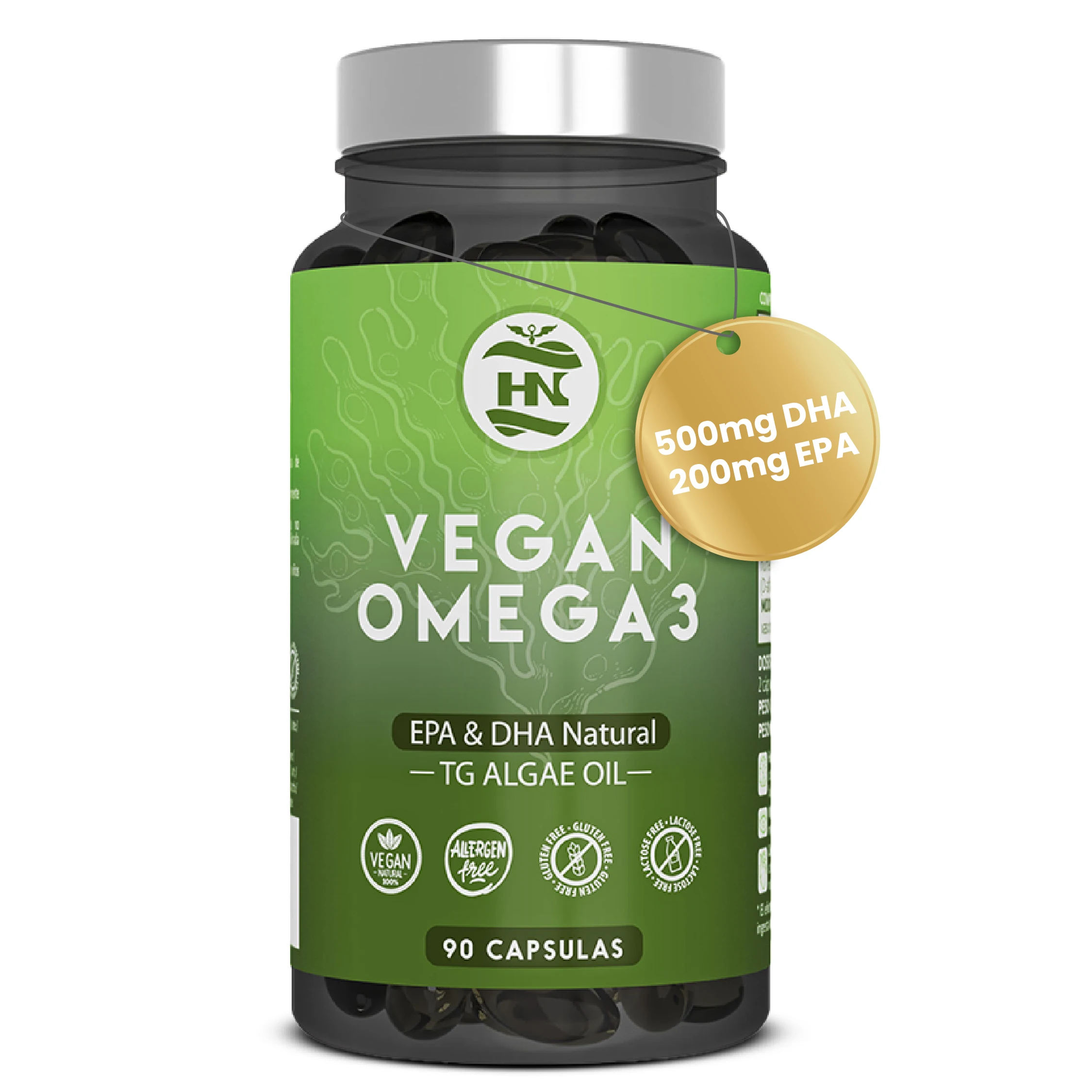 Hn - healthy nutrition omega 3 vegan algae (90 caps, 45 days) omega 3 algae oil balanced with dha and epa, omega 3 seaweed with vitamin e, ideal for brain and heart, supplement for vegans-vegetarian #1