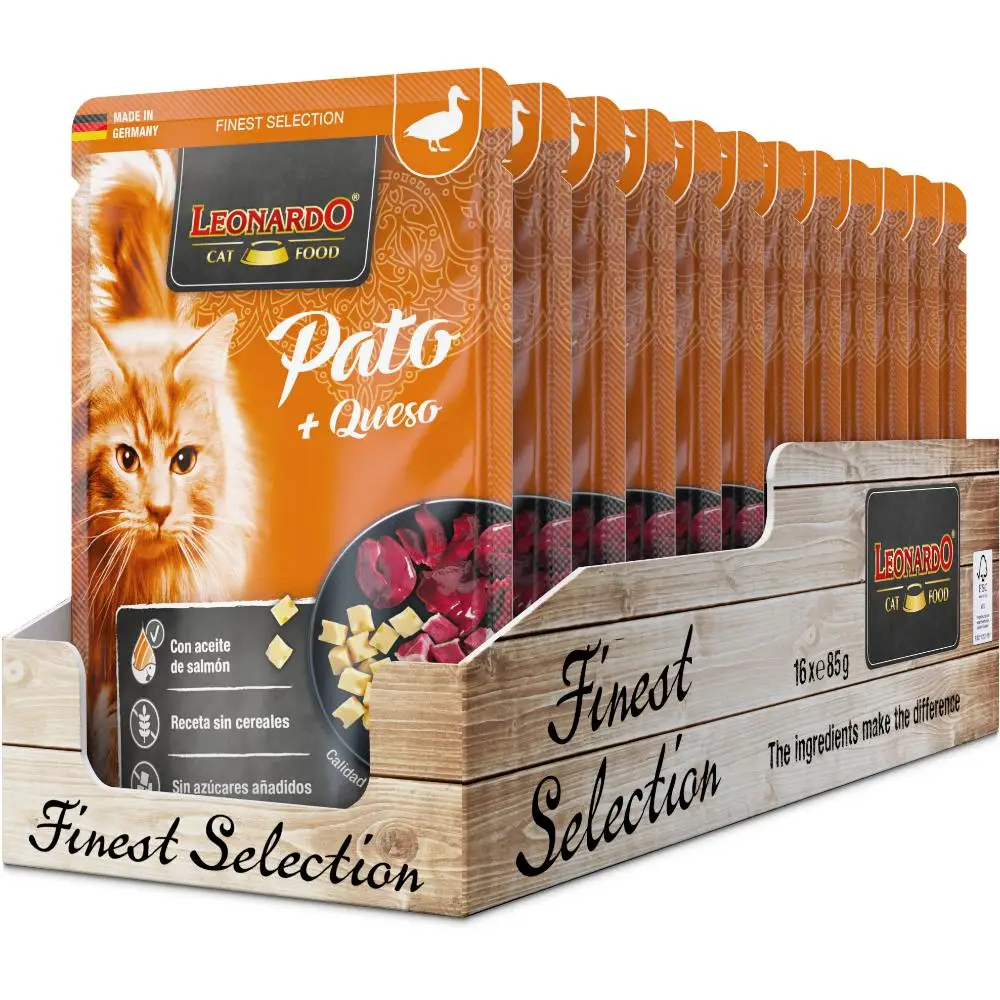 Leonardo Menú de Pato y Quesos Sobres para Gatos - 16 unidades x 85 gr