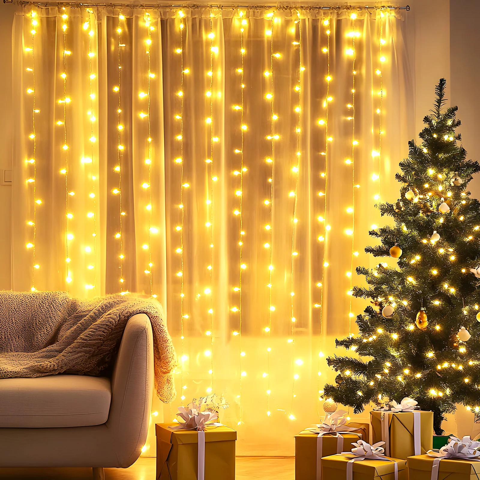 Aigostar 2×2m 200LED Cortina de Luces Navidad, 8 Modos Luces de Cadena de Cortina, IP44 Impermeable con Temporizador, para Habitacion, Exterior (Blanco Cálido)