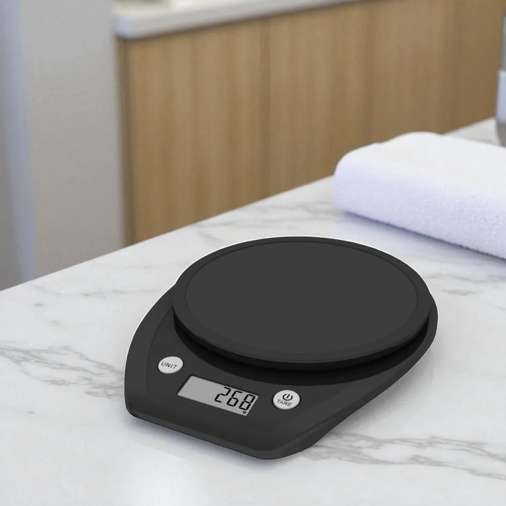 High Precision Digital Scale UNIKA - 1 kg capacity, 0.1 g accuracy, LCD display, portable battery-powered design, ideal for cooking and laboratory use, featuring tare function and waterproof tray for easy cleaning.