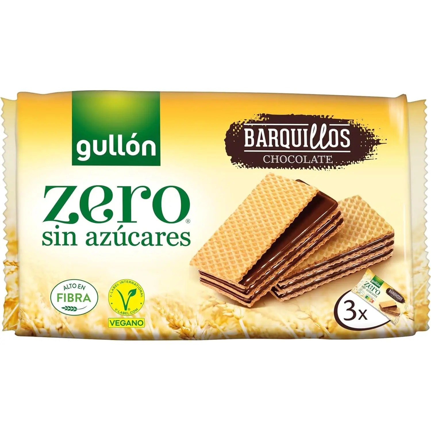 Barquillos Sabor Chocolate, 3 x 60g sin azúcares  Alto en Fibra -Vegano-Gullón Zero
