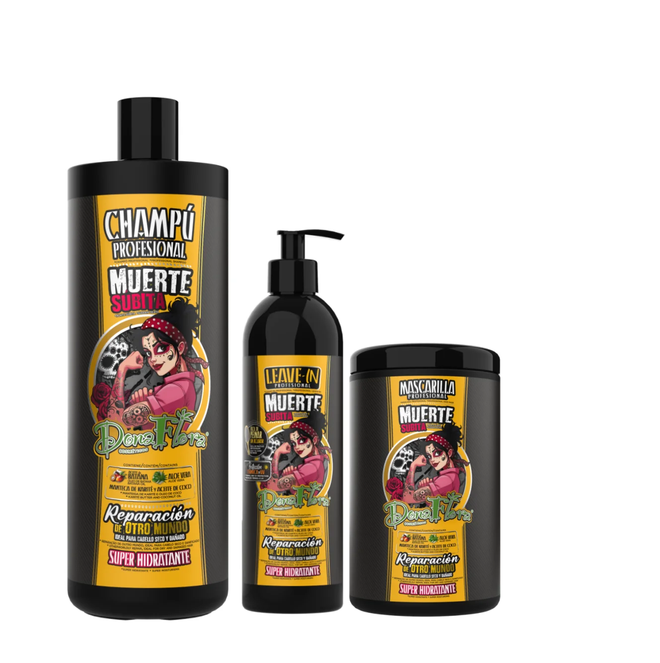 PACK DE DONA FLORA MUERTE SUBITA 3 PCS,CHAMPU 1000ML +MASCARILLA 1000ML+LEAVE-IN 500ML
