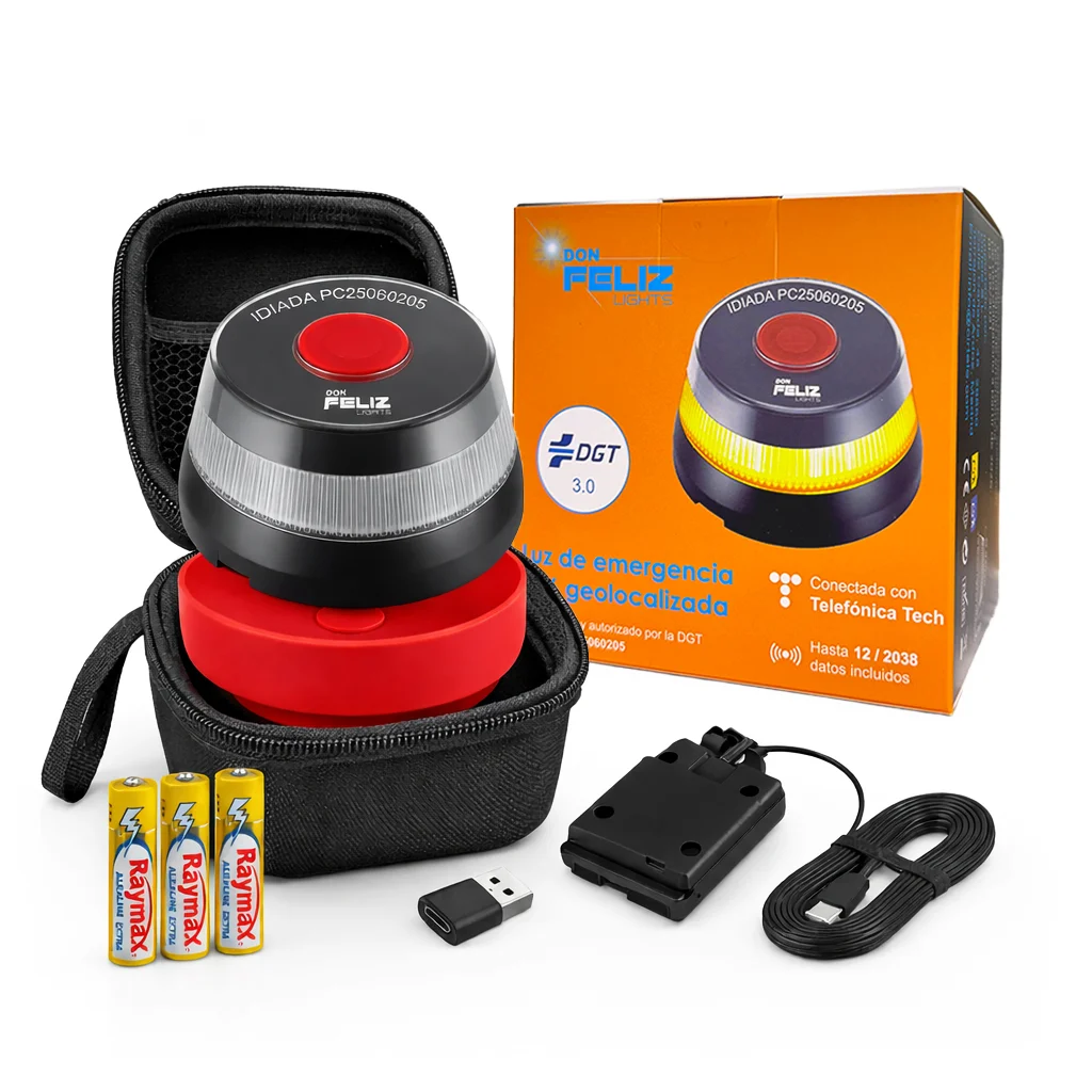 Don Feliz. KIT de Baliza emergencia V16 conectada con geolocalizacion DGT 3.0, luz de emergencia homologada, conectada y autorizada por DGT, señal V16 con pilas incluidas, conectividad Telefonica