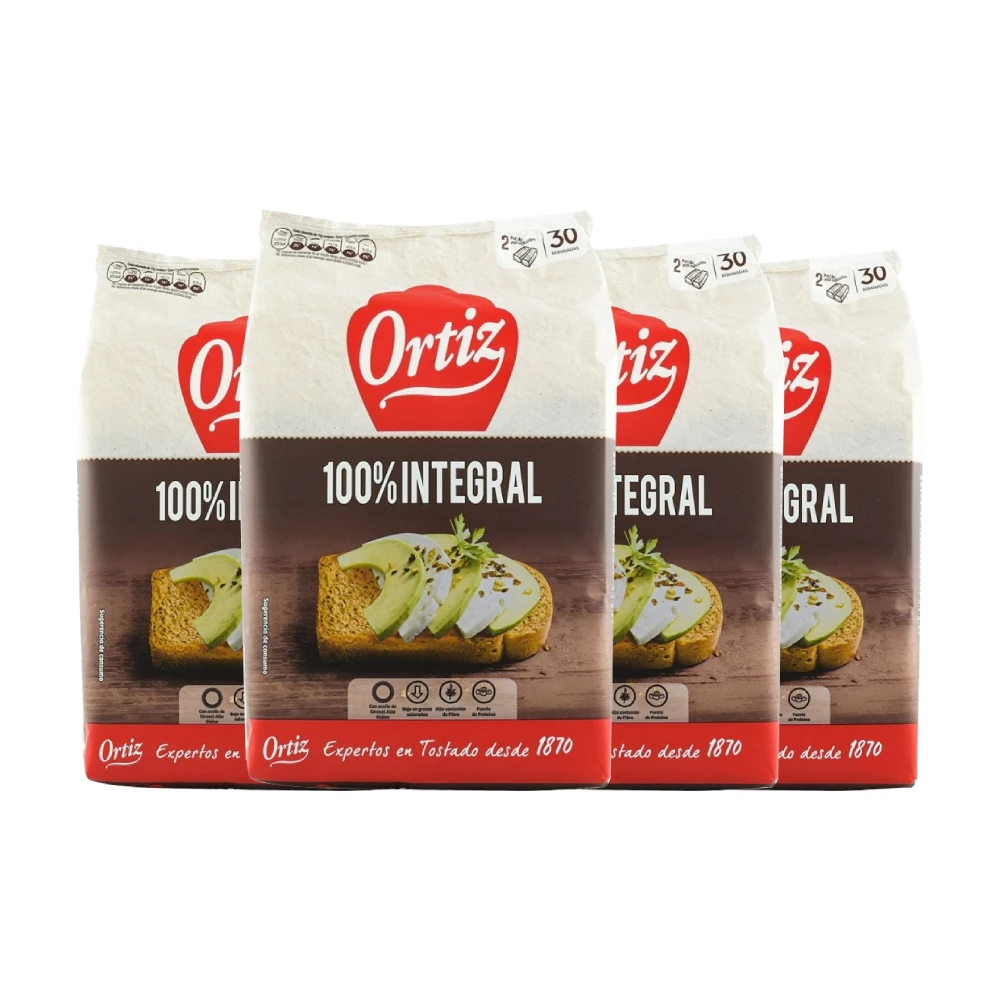 Pan tostado integral Ortiz 324 g x 4 paquetes. Total 1.3 kilos