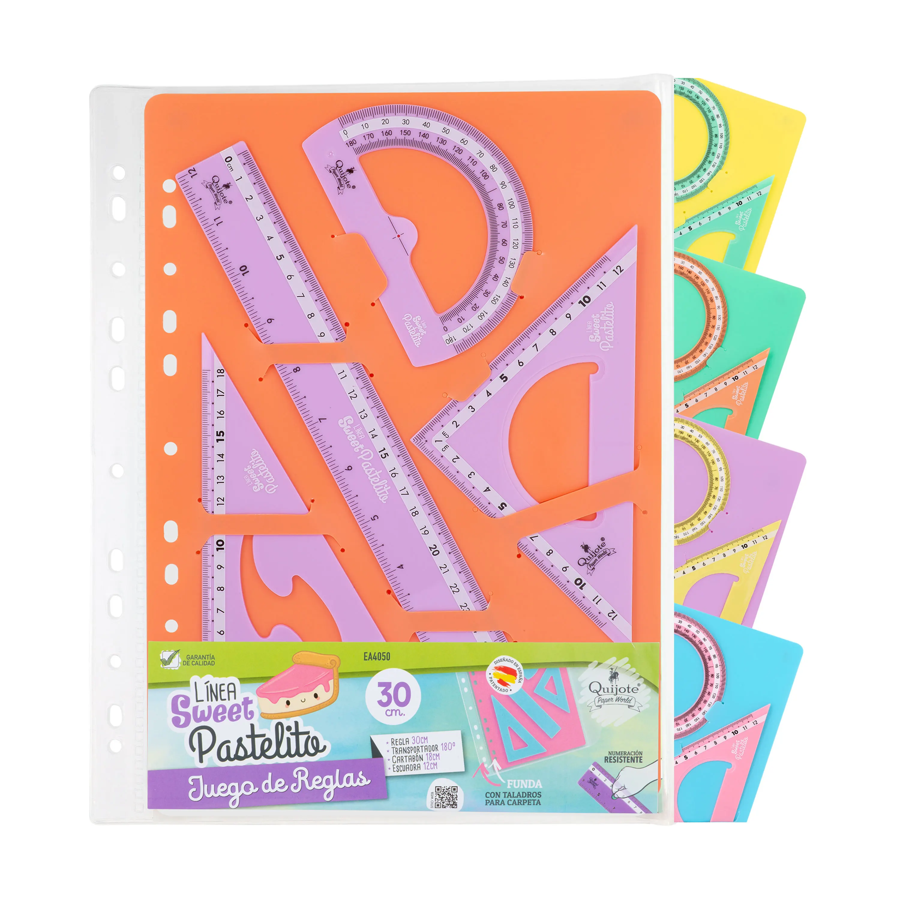 Quijote Paper World - Juego Reglas de Plástico Quijote - Set Sweet Pastel 20 y 30 Cm - Estuche Plástico Protector - Uso Escolar