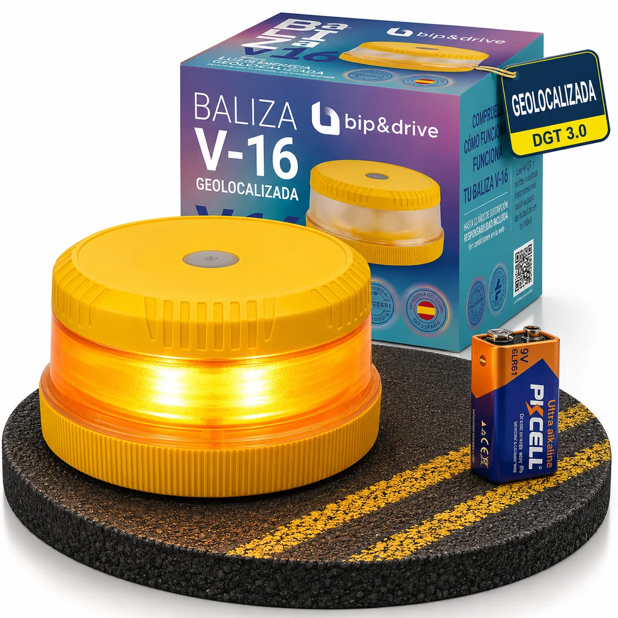Baliza V16 Homologada DGT con Geolocalización | Luz de Emergencia Coche LED 360° 1km | Conectada Plataforma DGT 3.0 | Resistente a la Lluvia | con Indicador de Batería y Base Imantada | Bip&Drive