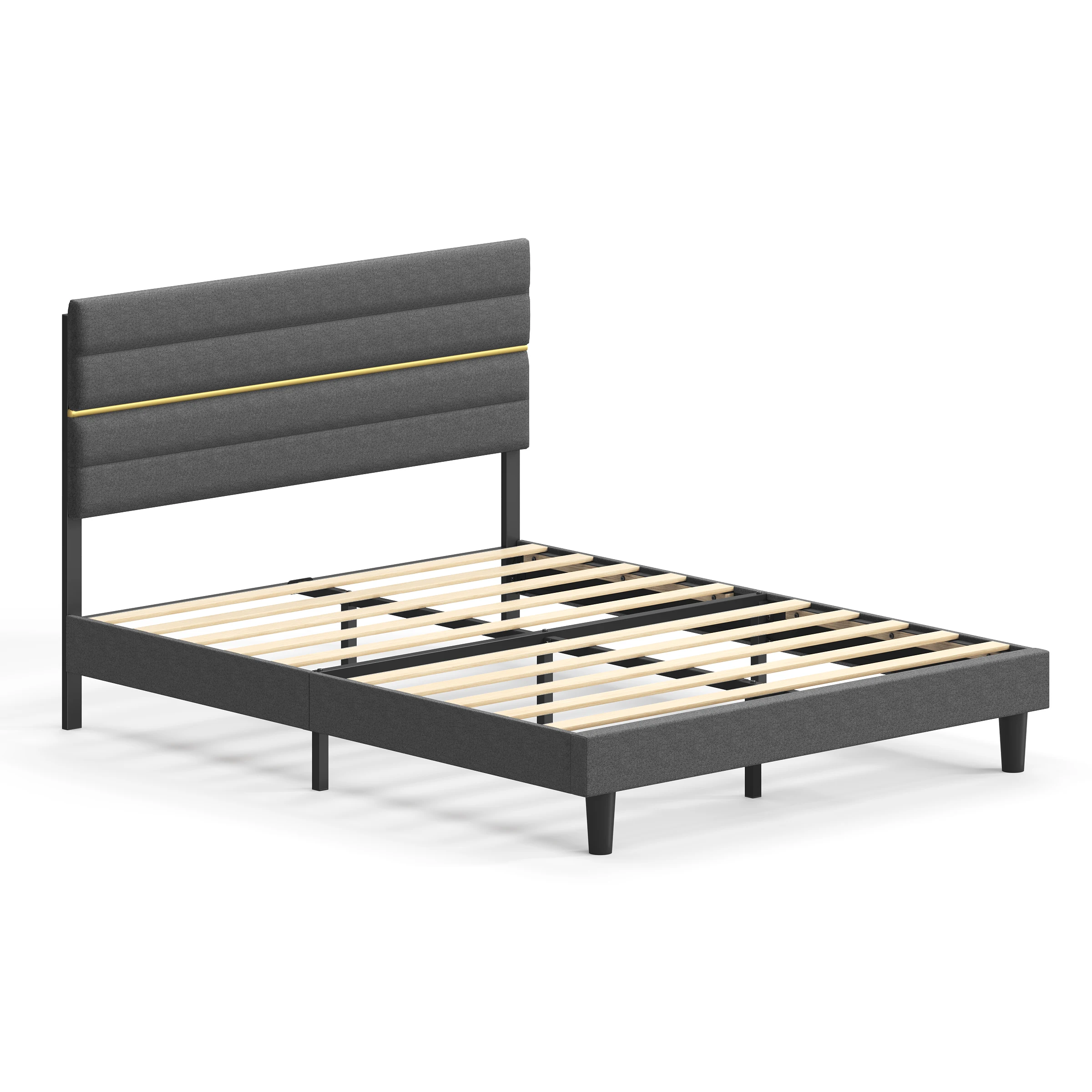 VASAGLE Marco de Cama Matrimonial, Marco para Colchón de 160 x 200 cm, Cabecero Acolchado Ajustable, Metal y Madera, Estilo Moderno, Gris Pizarra/Beige Cappuccino