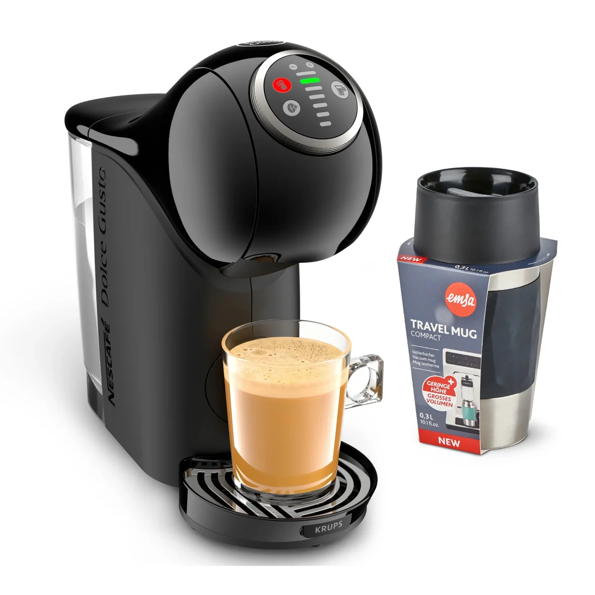 Cafetera de Cápsulas Krups Nescafé Dolce Gusto Genio S Plus Negra con Taza Térmica de Regalo, Automática 15 Bares de Presión, Espresso Boost, Café como en Cafetería en Casa, Función XL 300 ml, Bebidas Calientes y Frías, Autoapagado