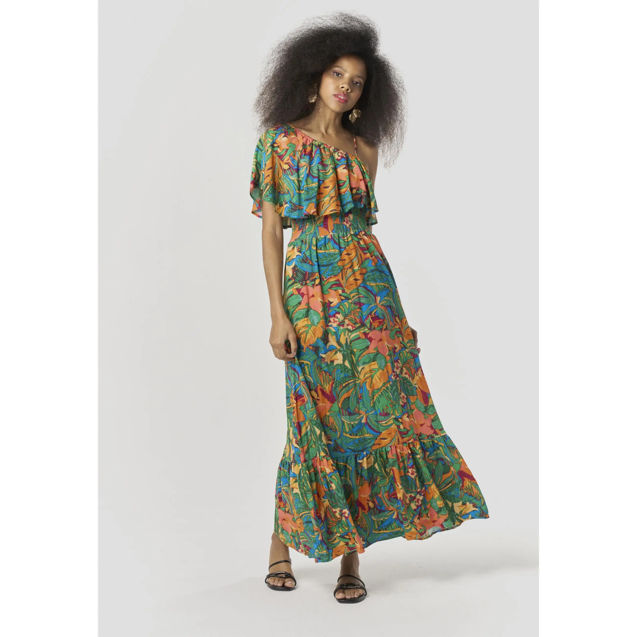 Koroshi Vestido Largo Mujer Escote Asimétrico Estampado Floral – Koroshi Multicolor