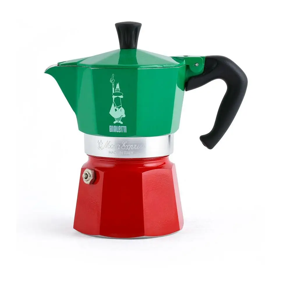 Bialetti Cafetera Clásica Italiana - Moka Express Tricolor, distintos tamaños 3 y 6 Tazas de Café - Cafetera Italian Collection Verde y Rojo de Aluminio  - Adecuado para hornillos de gas y placas