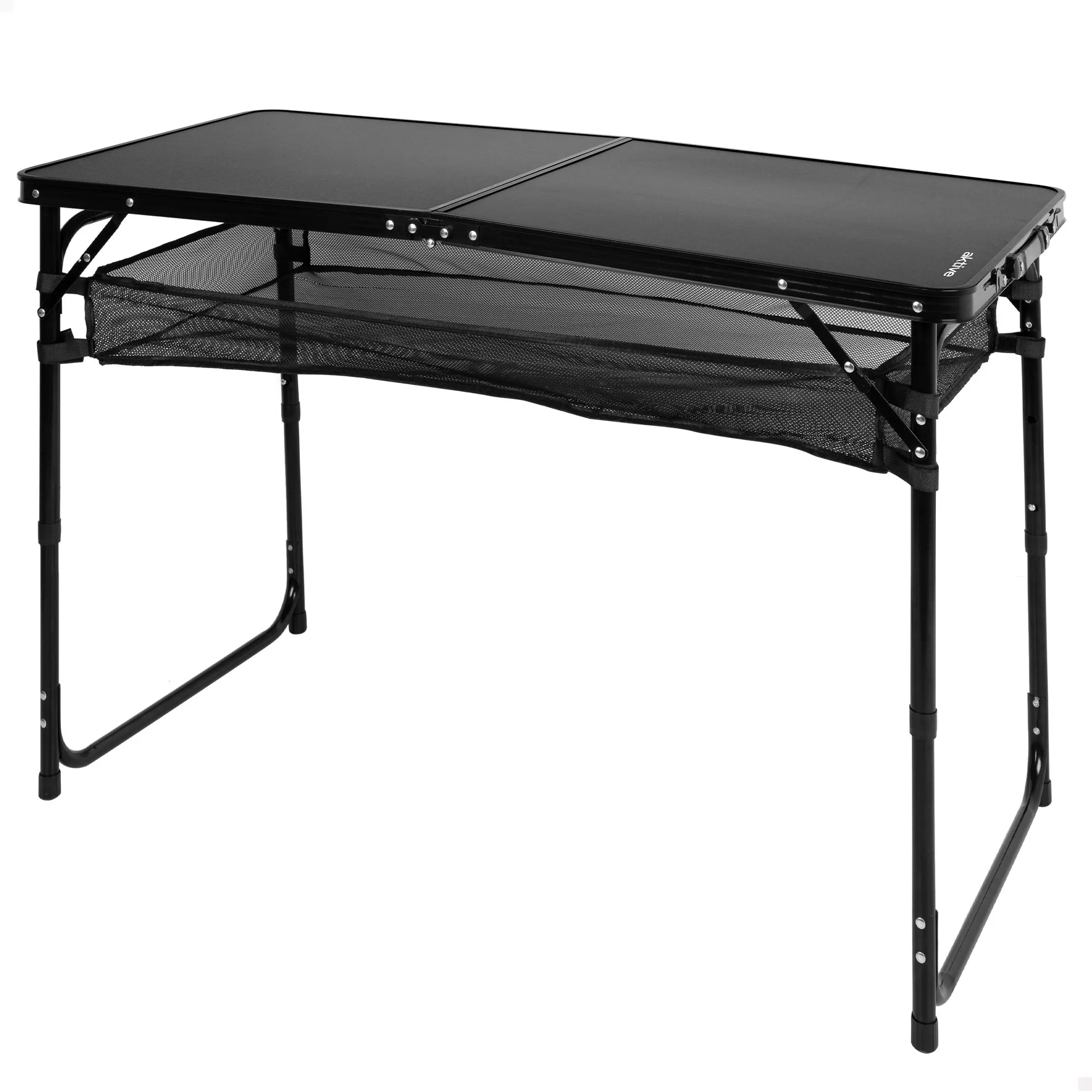 Aktive - Mesa plegable exterior, 120x60x60/70 cm, color negro, ajustable en altura, topes antideslizantes, asa de transporte, cierre de seguridad, incluye red auxiliar desmontable, peso soportado 30 kg, mesas de camping, playa y jardín