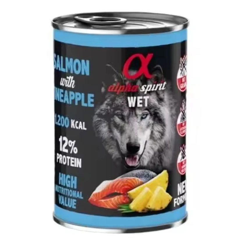 Pack 6 cans x 400 Gr - Alpha Spirit wet food salmon with pineapple for dogs